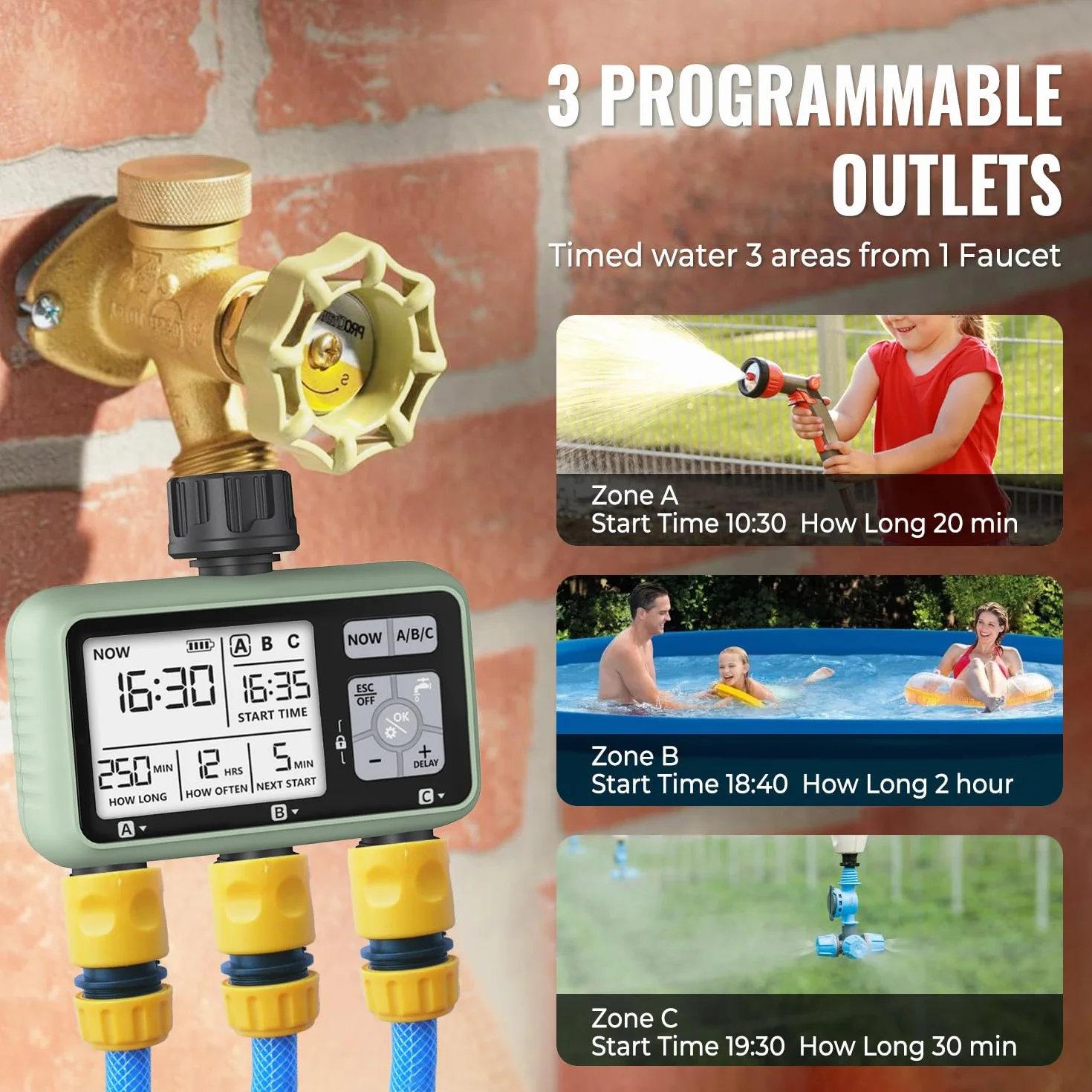 3 Salidas Programador Riego Automático,Johgee Programador de riego, Sistema de riego Controlador/Modo de Bloqueo para niños/Modo automático y Manual/Retraso por Lluvia / IPX5 a Prueba de Agua