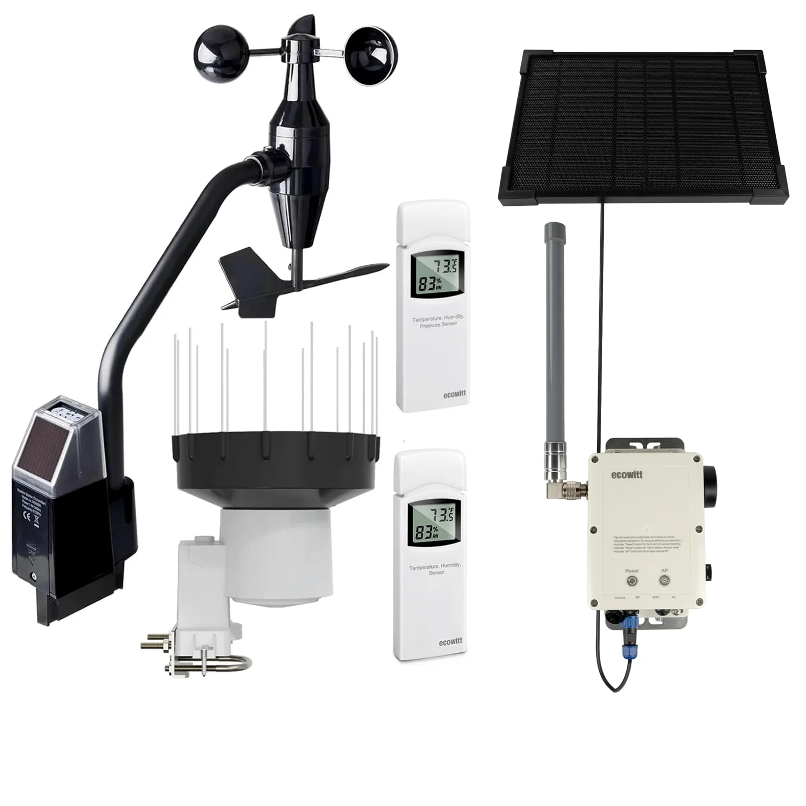 ECOWITT WS6212S Estación meteorológica doméstica, pasarela 4G y Wi-Fi WS6210S con panel solar, sensor exterior 4 en 1 WS68 + pluviómetro WH40H + medidor de temperatura y humedad WN32