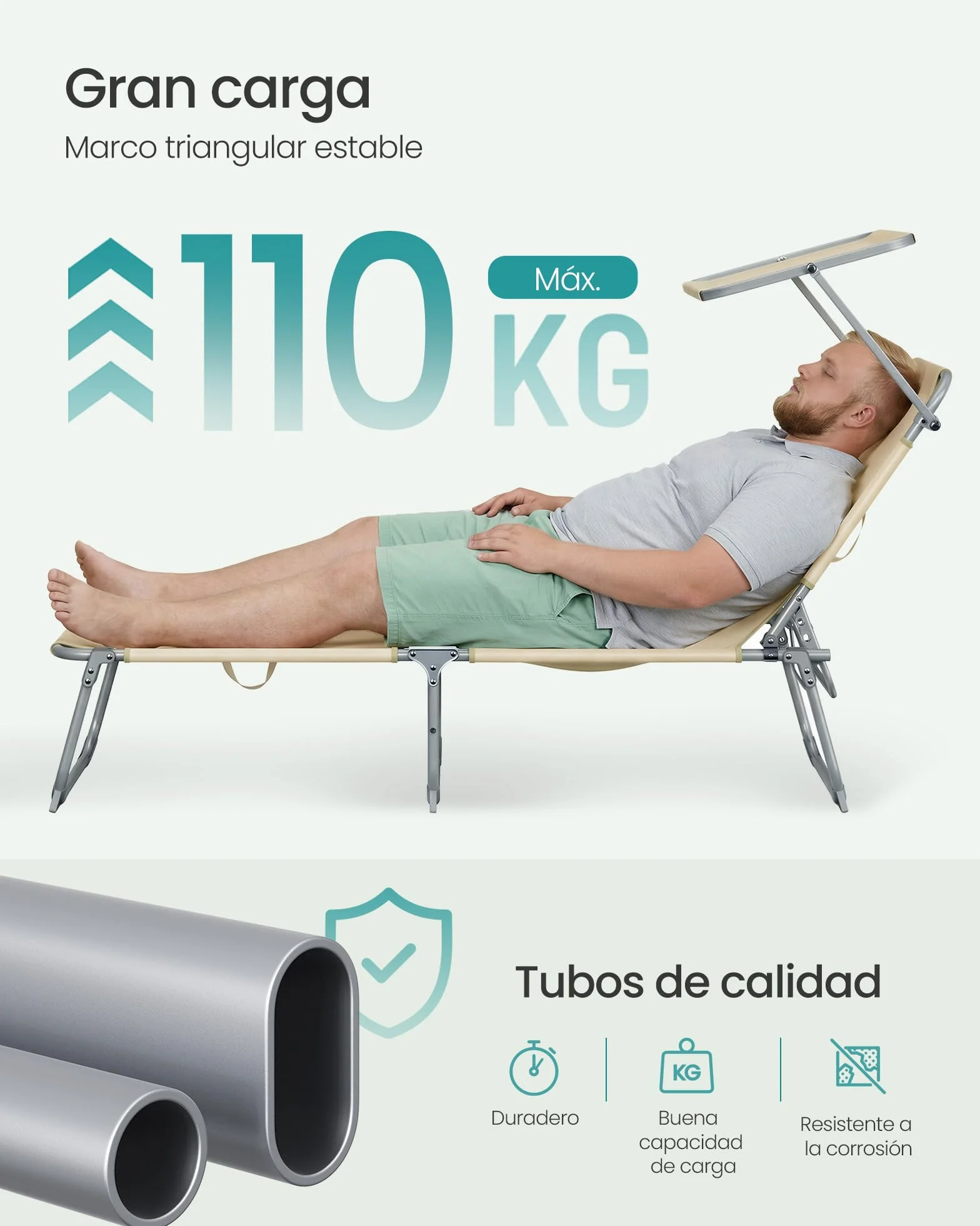 SONGMICS Tumbonas Plegables, 189 x 53 x 28,5 cm, Juego de 2 Tumbonas para Jardín, Cada Una con Carga 110 kg, con Parasol y Respaldo Ajustables, para Terraza y Balcón, Beige GCB294WZ02