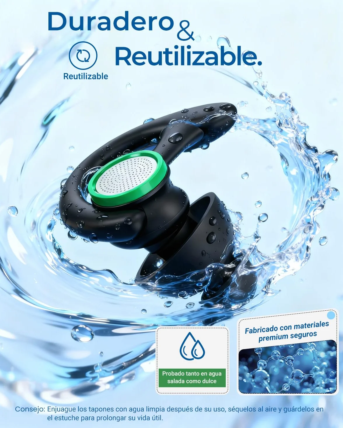 Hearprotek Tapones para los oídos para nadar, 2 pares, reutilizables, a medida, adultos, Negro