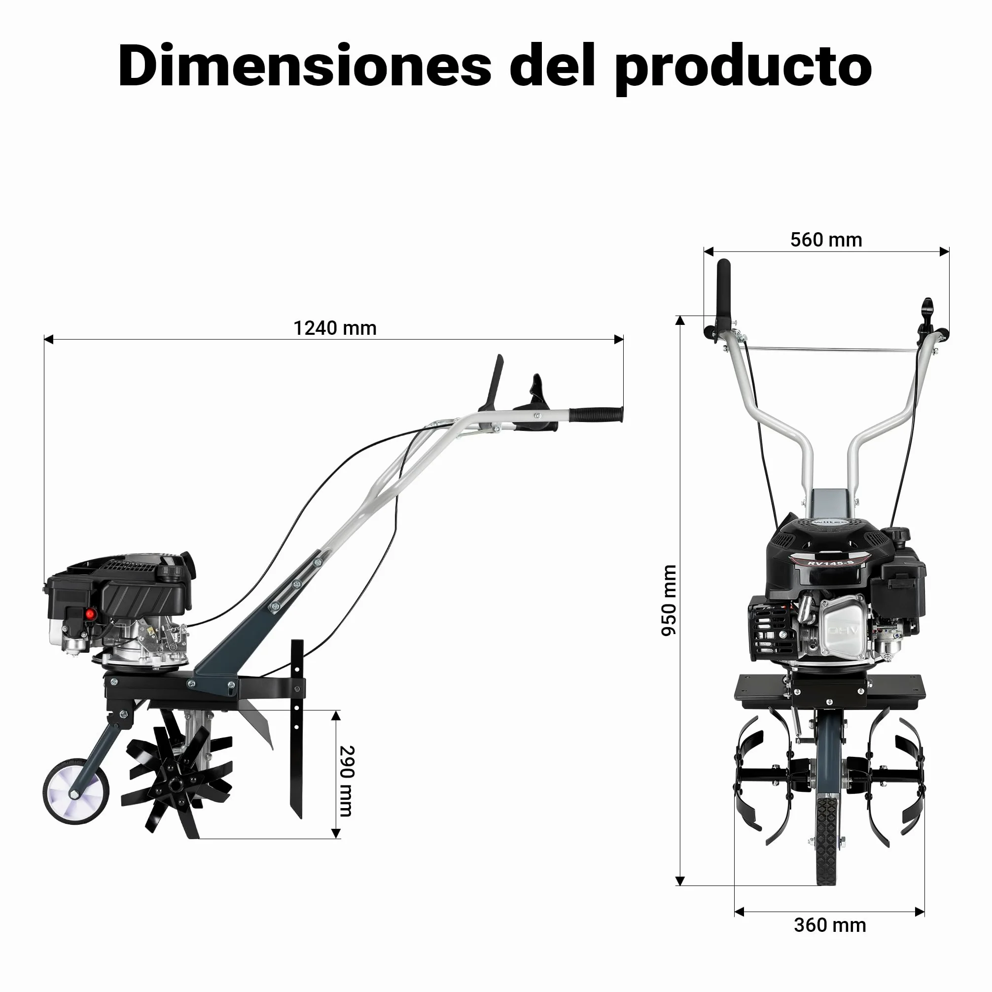 Wiltec Motocultor a Gasolina 36 cm de Ancho de Trabajo Motor 144 CC motoazada 4 Cuchillas cultivador con transmisión Euro 5 Robusto motocultivador cultivador