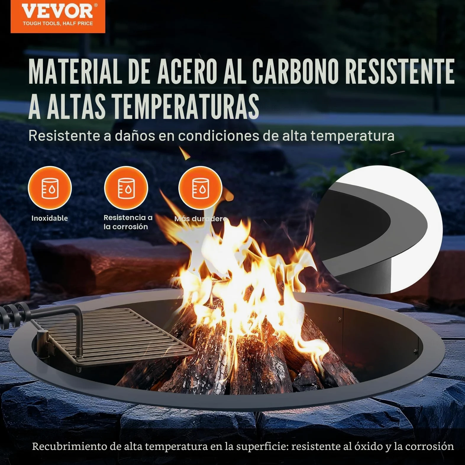 VEVOR Aro para Hoguera con Parrilla para Barbacoa Diámetro Exterior 1016 mm, Diámetro Interior 914,4 mm, Altura 215,9 mm, Revestimiento de Acero al Carbono, Anillo para Fogata sobre o en el Suelo