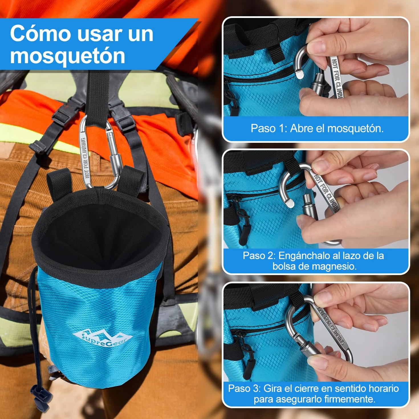 Supregear Bolsa de Magnesio para Escalada en Roca, Bolsillo Grande con Cremallera, Cierre de Cordón y Mosquetón