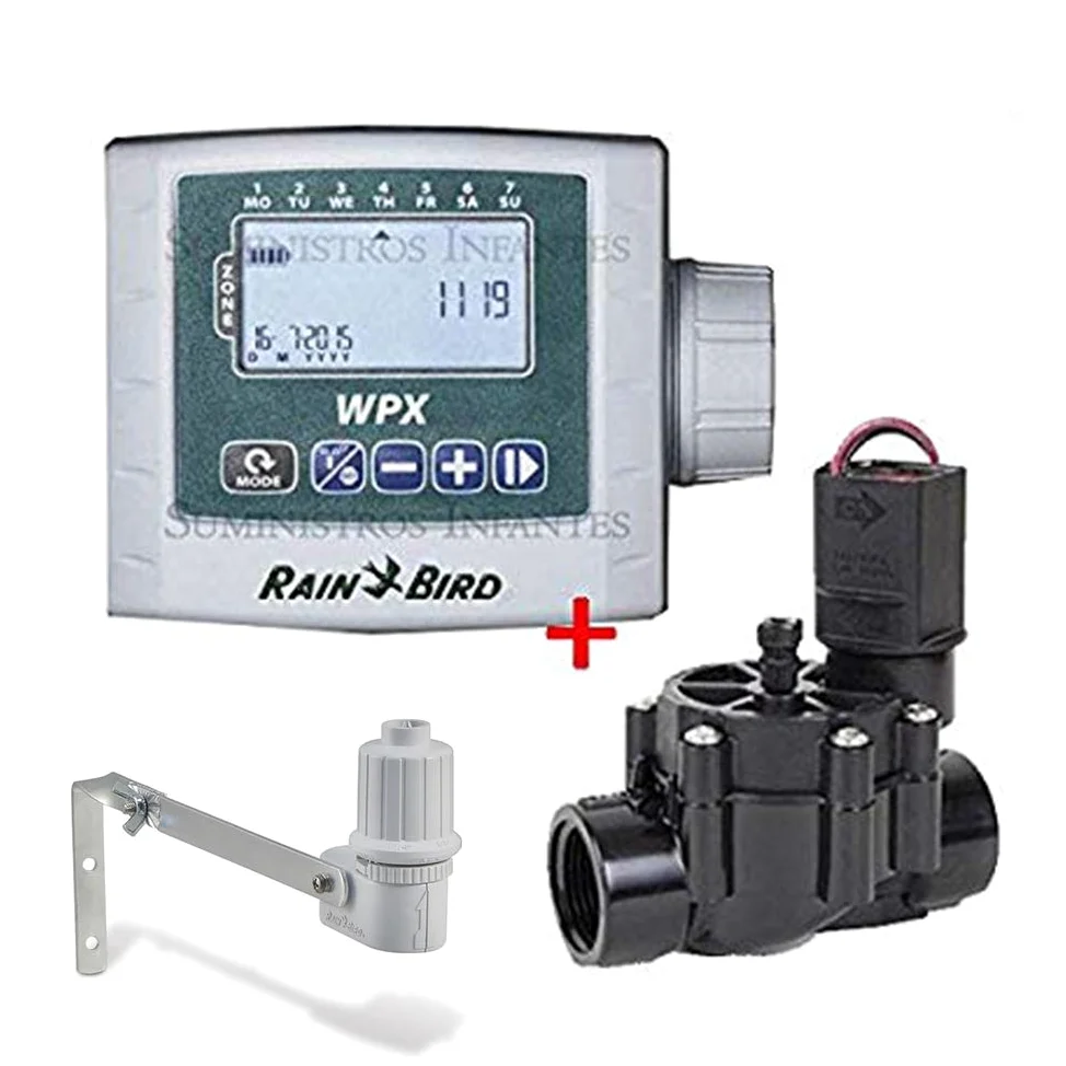 Kit Programador autónomo a pilas WPX1 R.Bird + Electrovalvula 1" 9v 100DVF + Sensor de lluvia RSDBex