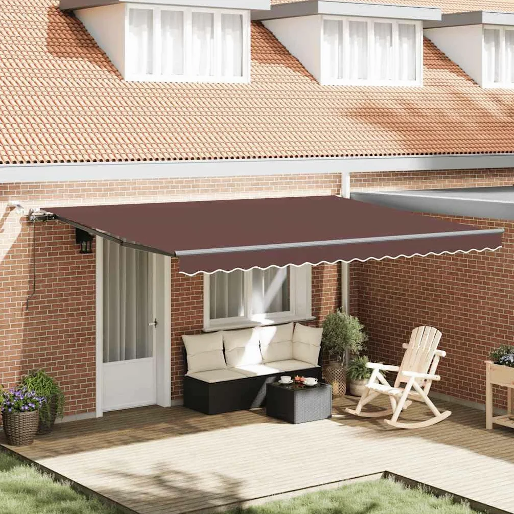 Toldo automático con LED, color rojo vino, 450 x 300 cm, aluminio recubierto de polvo, protección solar UV, sensor de viento, brazo articulado para terraza, balcón, jardín, protección contra
