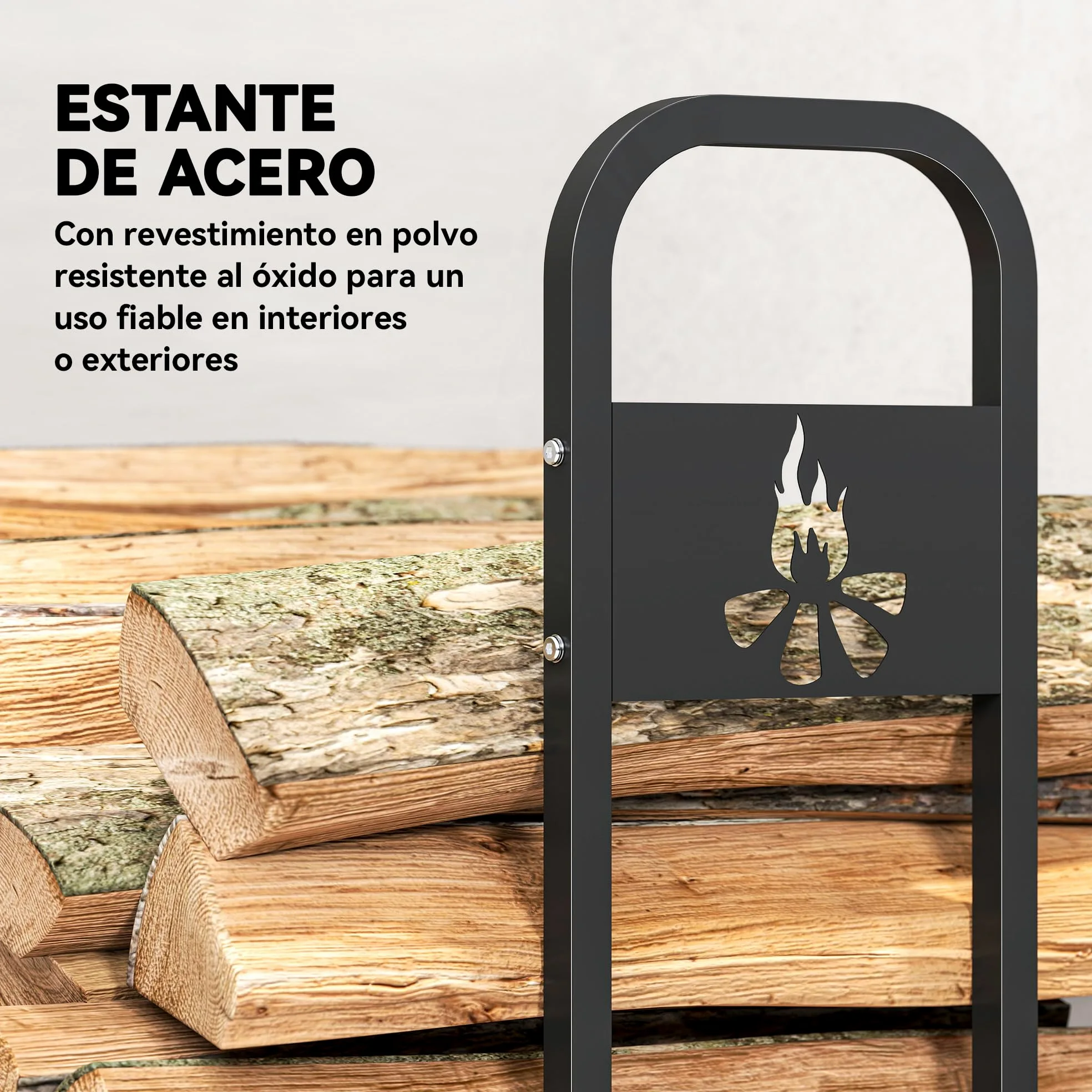 Outsunny Estante de Leña Metálico, 200x30x120 cm, Carga 300 kg, Leñero Exterior con Marco de Acero, Patas Extra Reforzadas y Diseño Recortado de Fogata, Soporte para Leña de Chimenea, para Jardín
