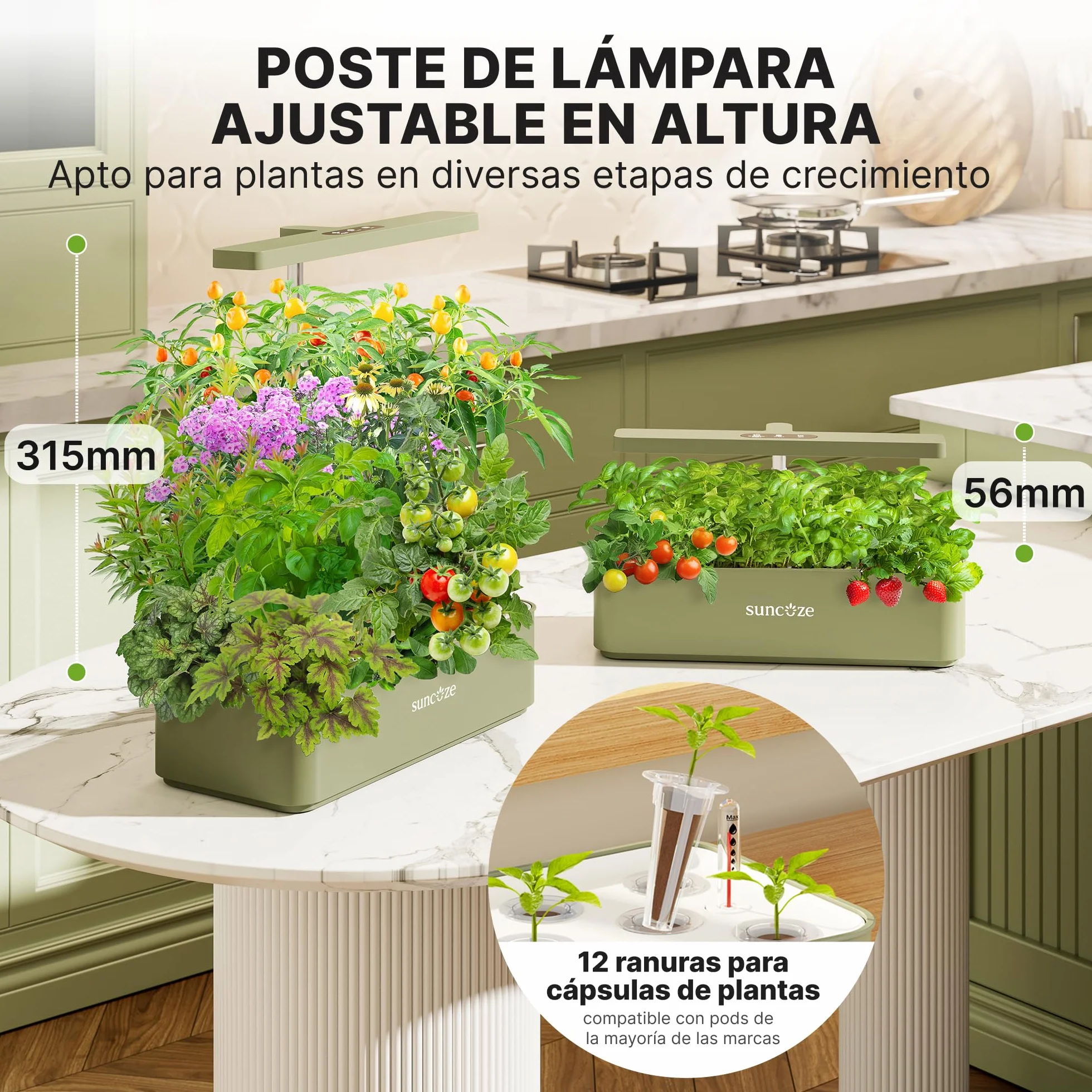 SUNCOZE Sistema de Cultivo Hidropónico Kit de Cultivo Interior con Iluminación LED Automática, Smart Garden 12 Pods, Altura Regulable, depósito de Agua de 4 l, Bomba silenciosa