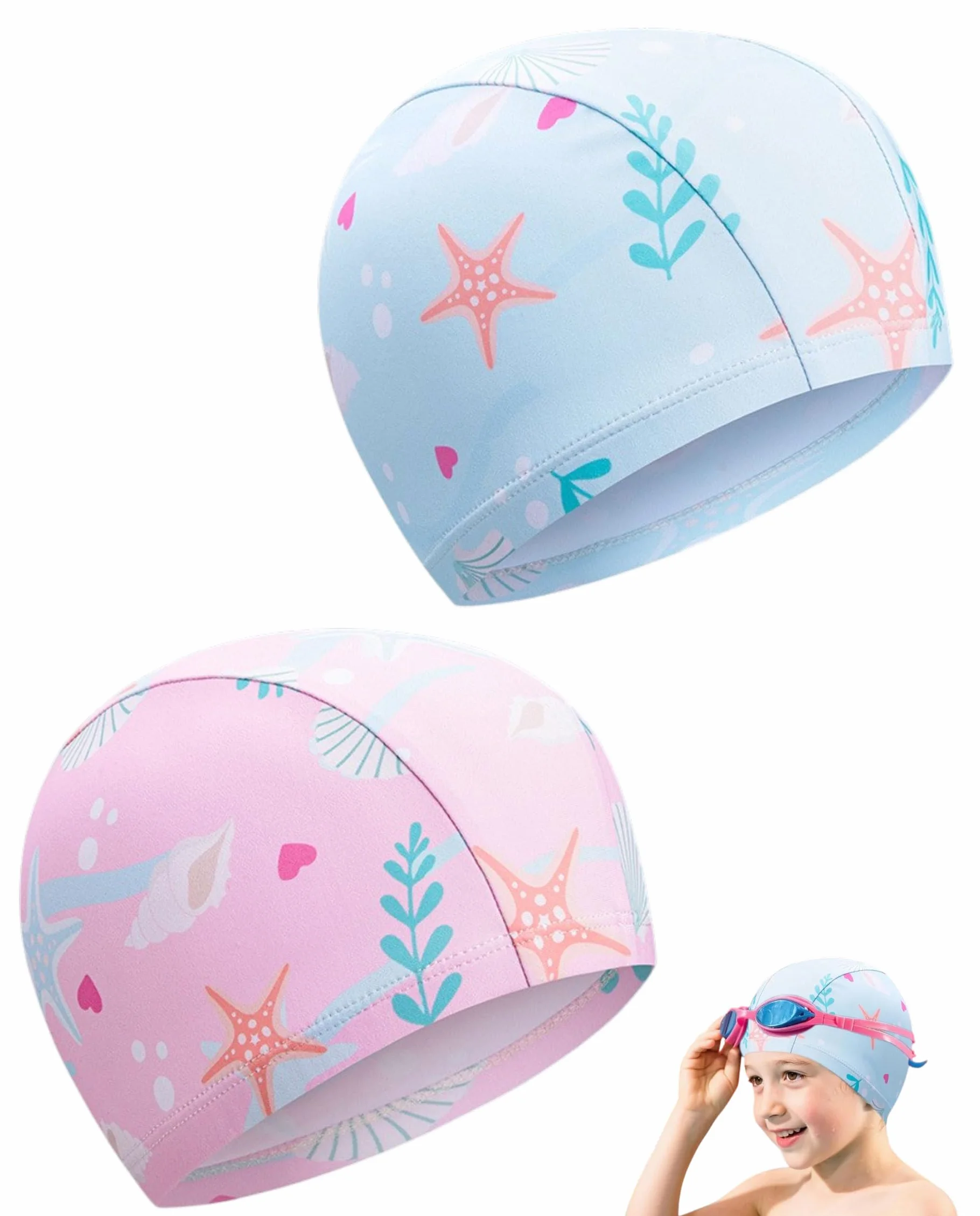 Gorros de Natación para Niños 2 Piezas, Poliéster, Suaves, Elásticos, Rosa y Azul, 1-6 Años