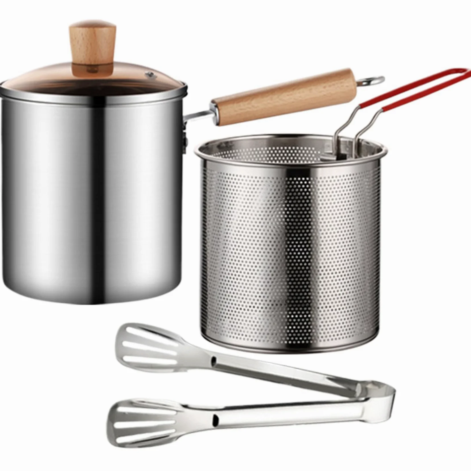 Freidora de acero inoxidable 3L con cesta colador y tapa visible para pollo y papas fritas
