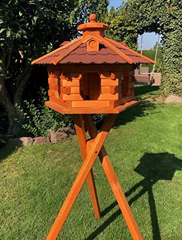 Comedero para pájaros (tamaño XL, madera con soporte), color marrón y rojo