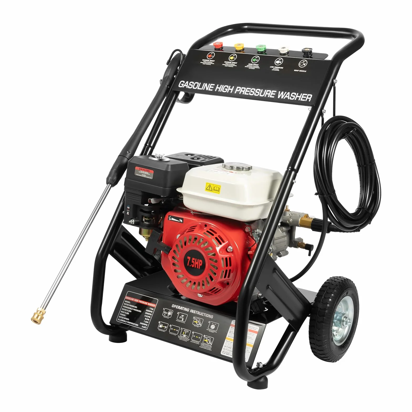 Limpiador de alta presión de gasolina, 7,5 HP 170-190 bar, motor de gasolina, vapor, profesional, 4900 W, con pistola de pulverización fuerte, 5 boquillas de manguera