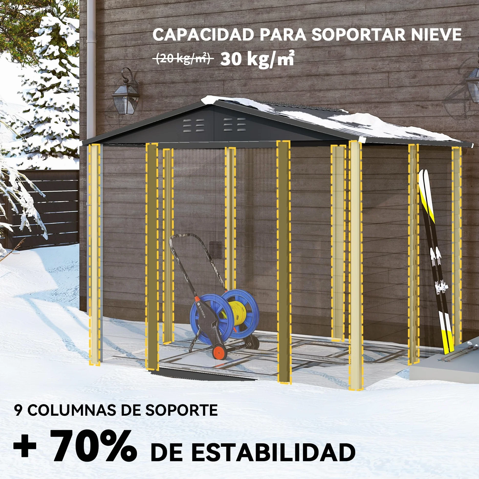 Outsunny Caseta de Jardín Exterior 4,4 m², 240x206x198 cm, Cobertizo de Jardín Exterior Metálico con Base Refuerzo (Suelo NO Incluido), Puerta Corredera con Cerradura y 4 Ventanas para Patio, Teca