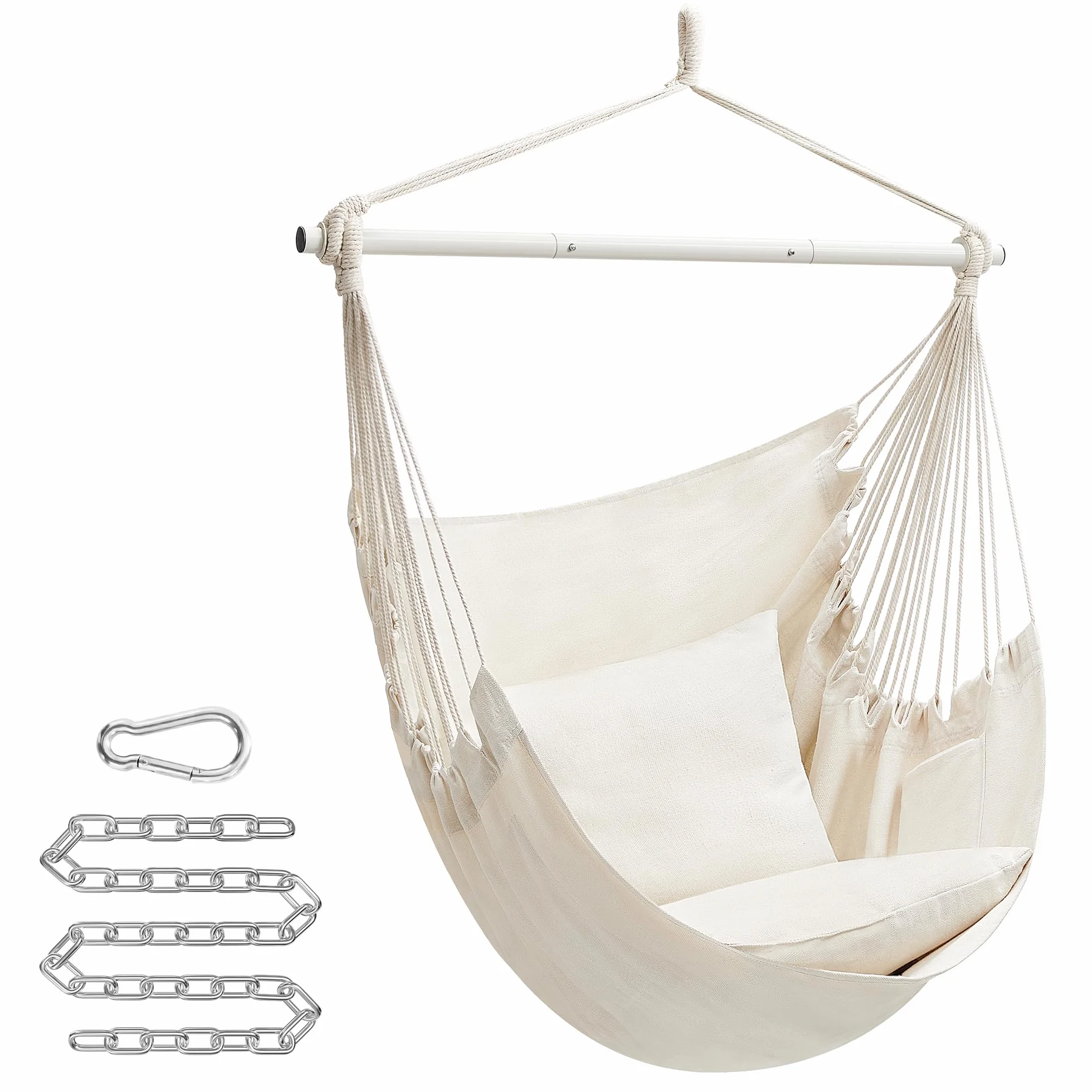 SONGMICS Silla Hamaca, Silla Colgante Grande con 2 Cojines, Silla Colgante con Cadena, Capacidad de Carga 150 kg, para Interior, Exterior, Salón, Dormitorio, Blanco Crema GDC197M01
