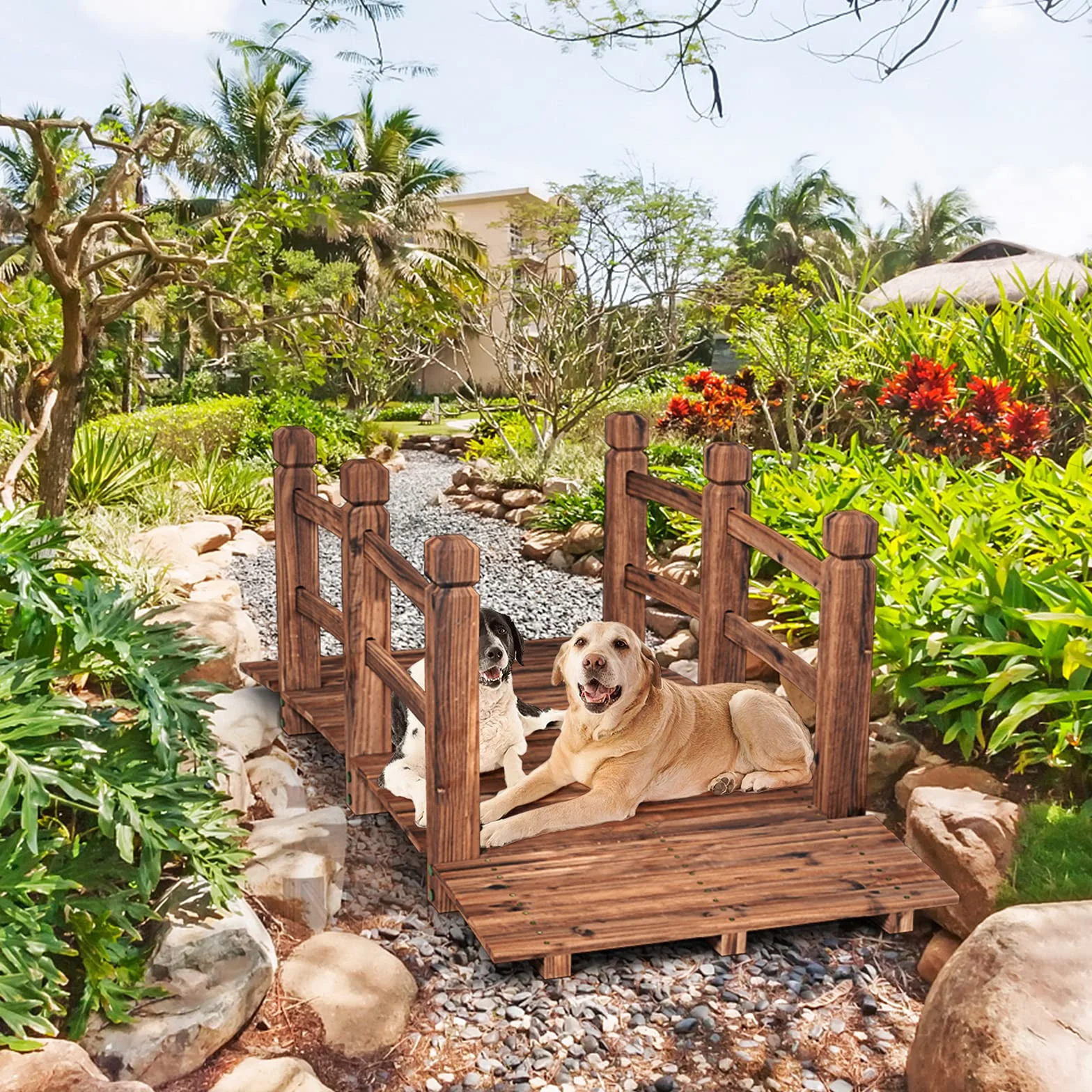 GOPLUS Puente de Madera rústico y Macizo, con Mano Corriente, decoración de jardín, Puente de Estanque, soporta un Peso máximo 100 kg, 150 x 67 x 55 cm (marrón)