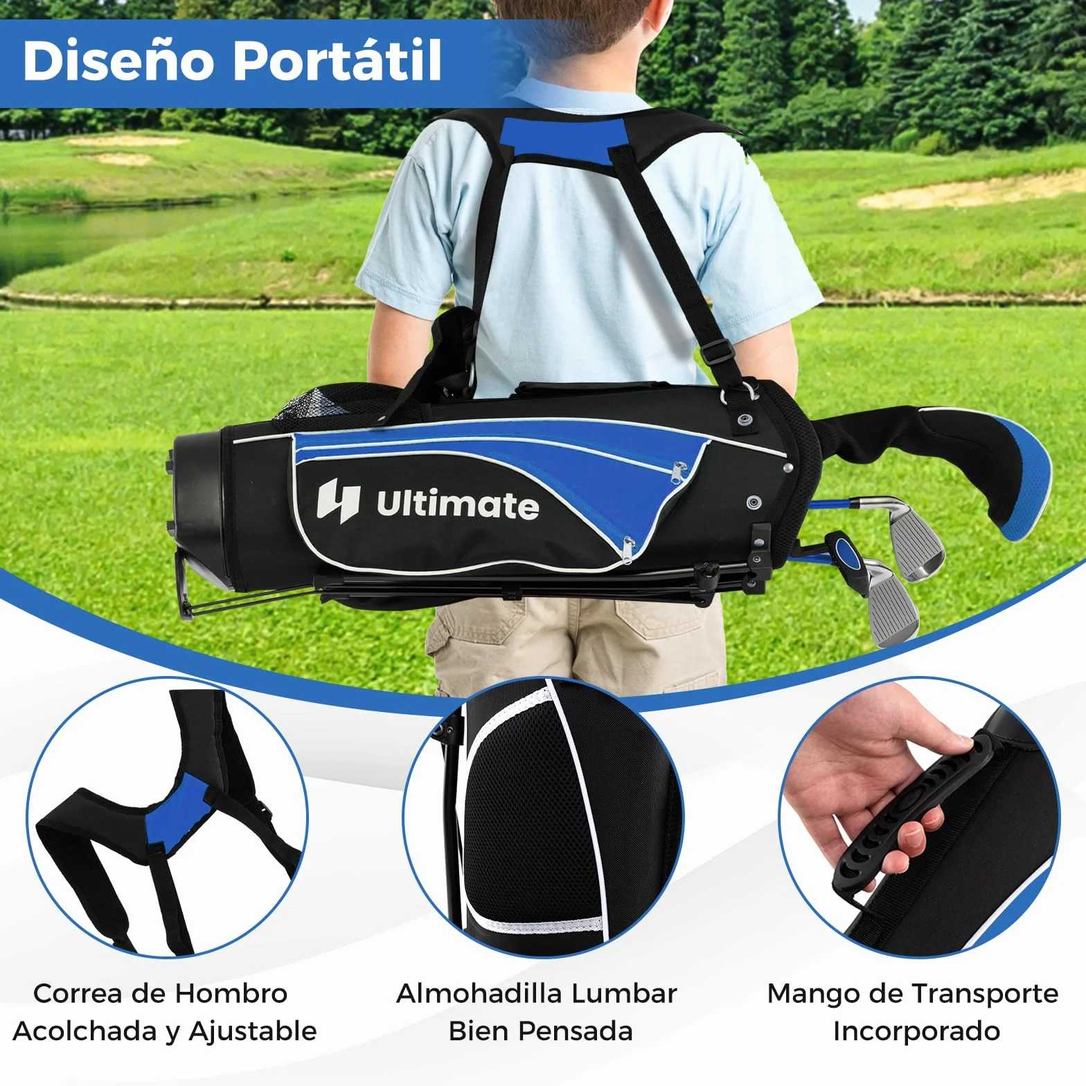 COSTWAY Set de Palos de Golf para Niños 8-13 Años, Incluye Madera 3, Hierros 7 y 9, Putter, Bolsa