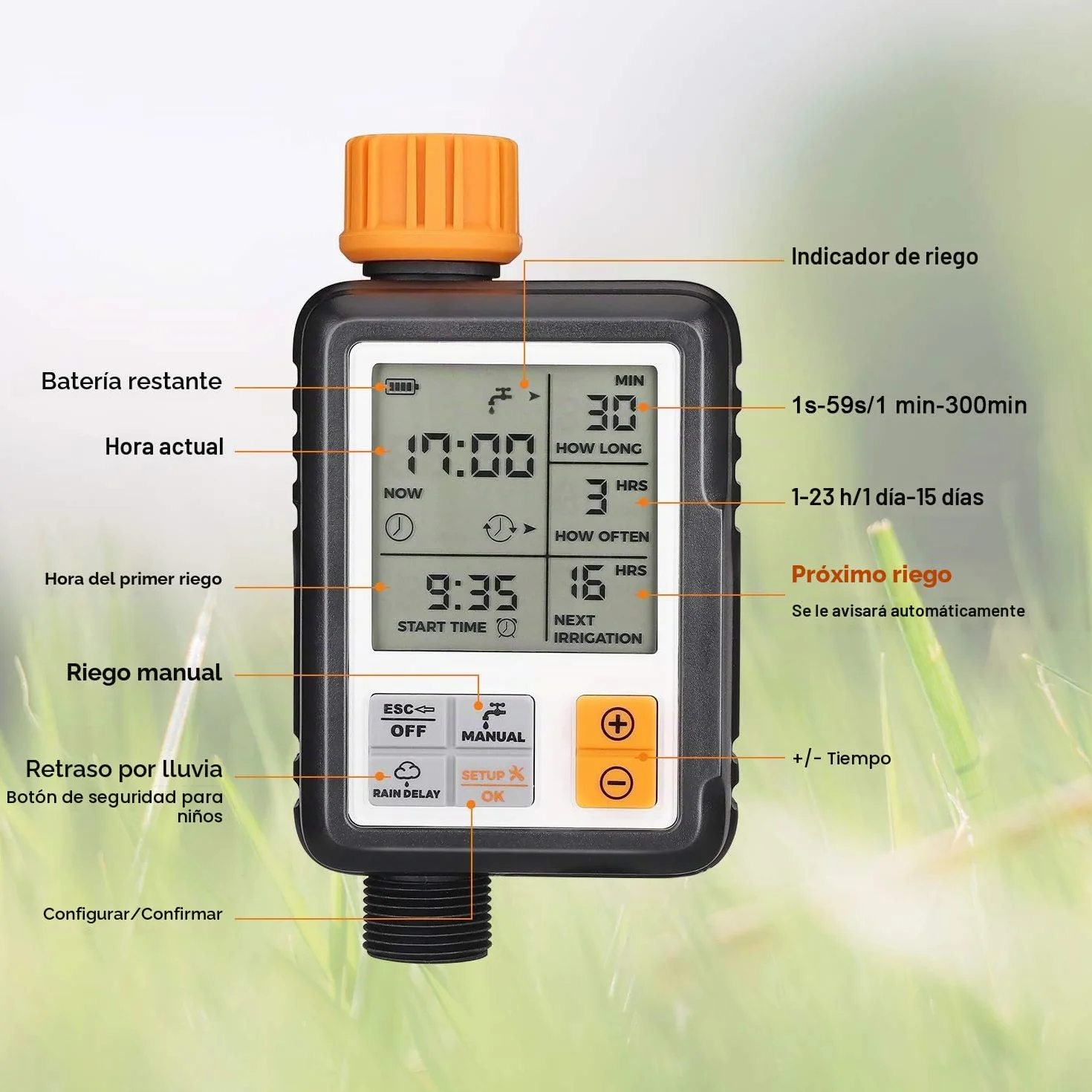 Johgee Temporizador de riego automático para jardín, programador de riego exterior, temporizador de riego con pantalla LCD grande