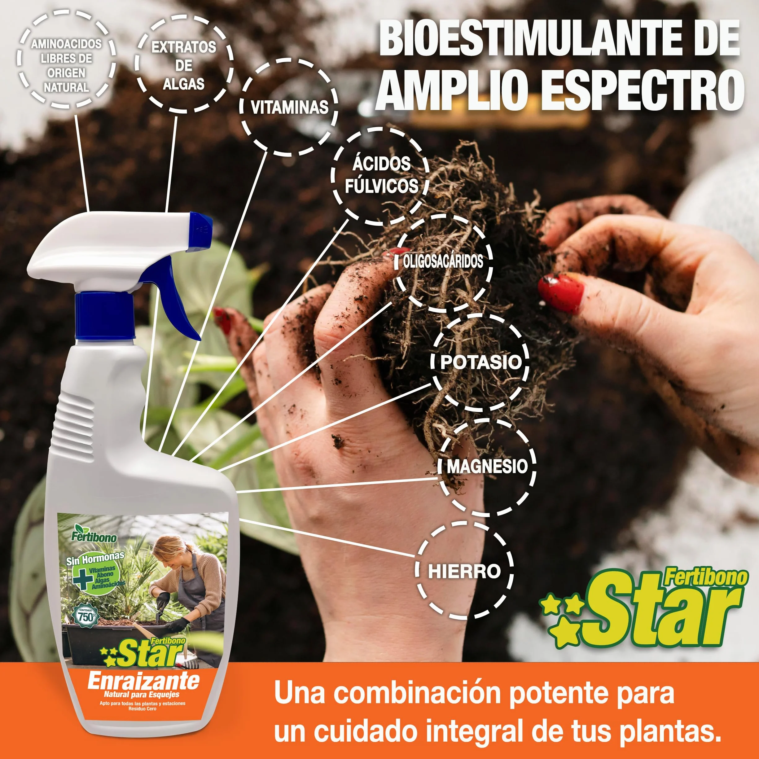 FERTIBONO STAR: Enraizante Orgánico para Plantas y Esquejes, (750ml), Crecimiento Rápido y Fuerte, Enriquecido con Abono, Vitaminas y Algas, Sin Hormonas – Residuo Cero.