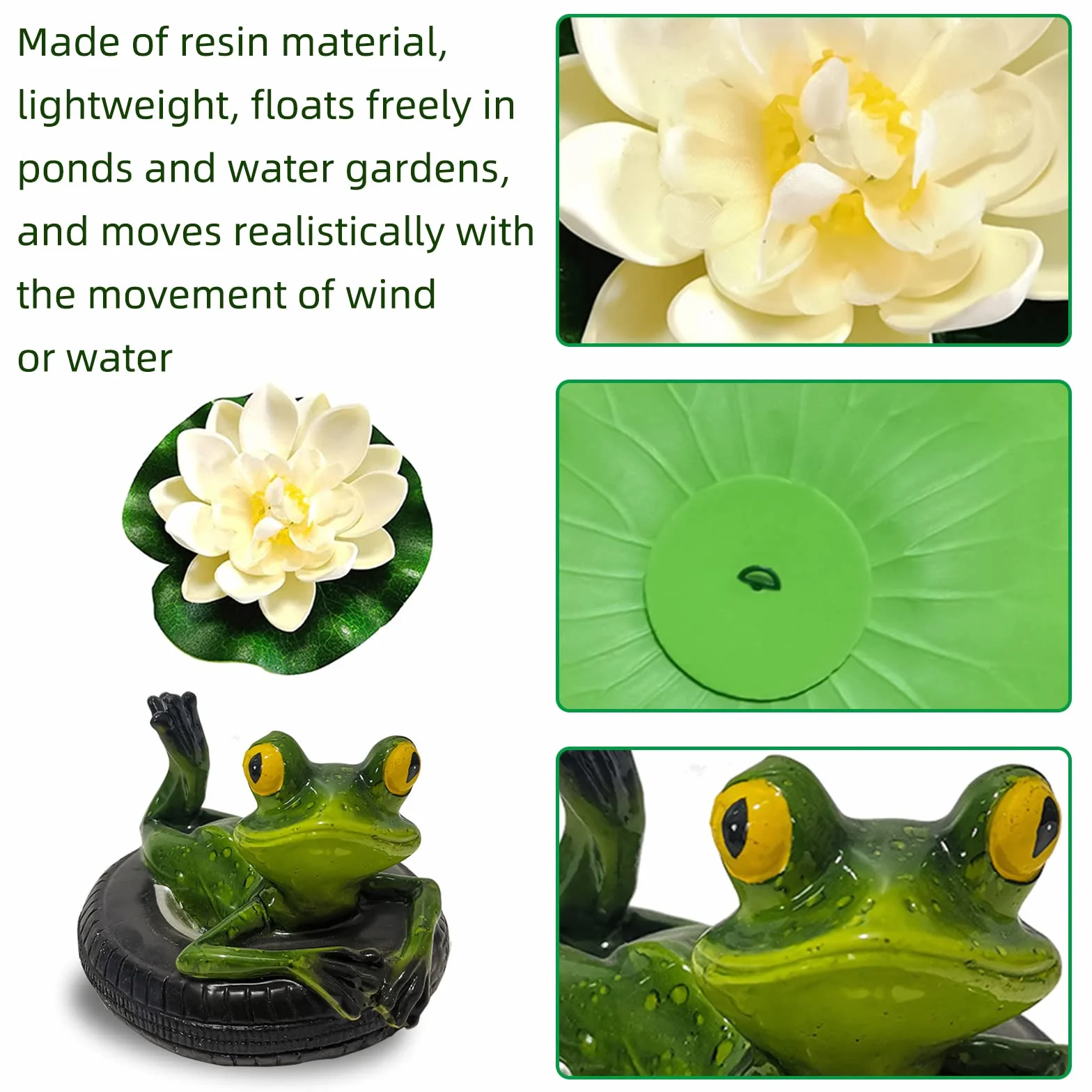 Set de decoración para Estanque de jardín, Dos Ranas con Bolas de Plata y 2 Unidades de Flor de Loto como decoración de jardín para Estanque pequeño (Rana de Espalda)