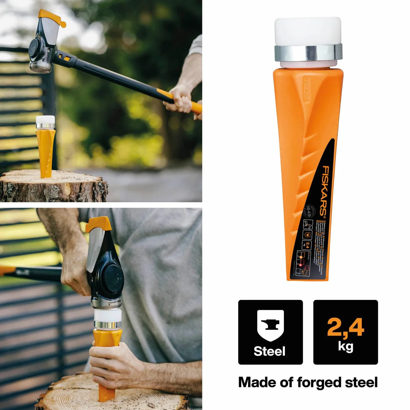 Fiskars Cuña rotativa forjada helicoidal Securi-T, Acero forjado templado, Cabeza polímero anillo metálico, Naranja
