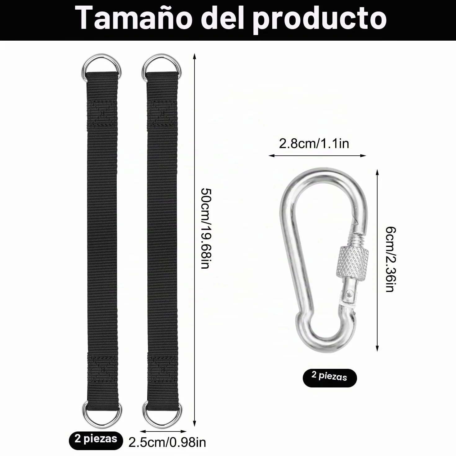 2 Piezas Correas de Hamaca, Kit de Correas para Colgar Columpios, Hamaca Correas árbol con 2 Mosquetón y Anillos en D, Hamacas de Fijación para Jardín, Columpio, Columpio de árbol, Hamacas, 50cm× 25mm