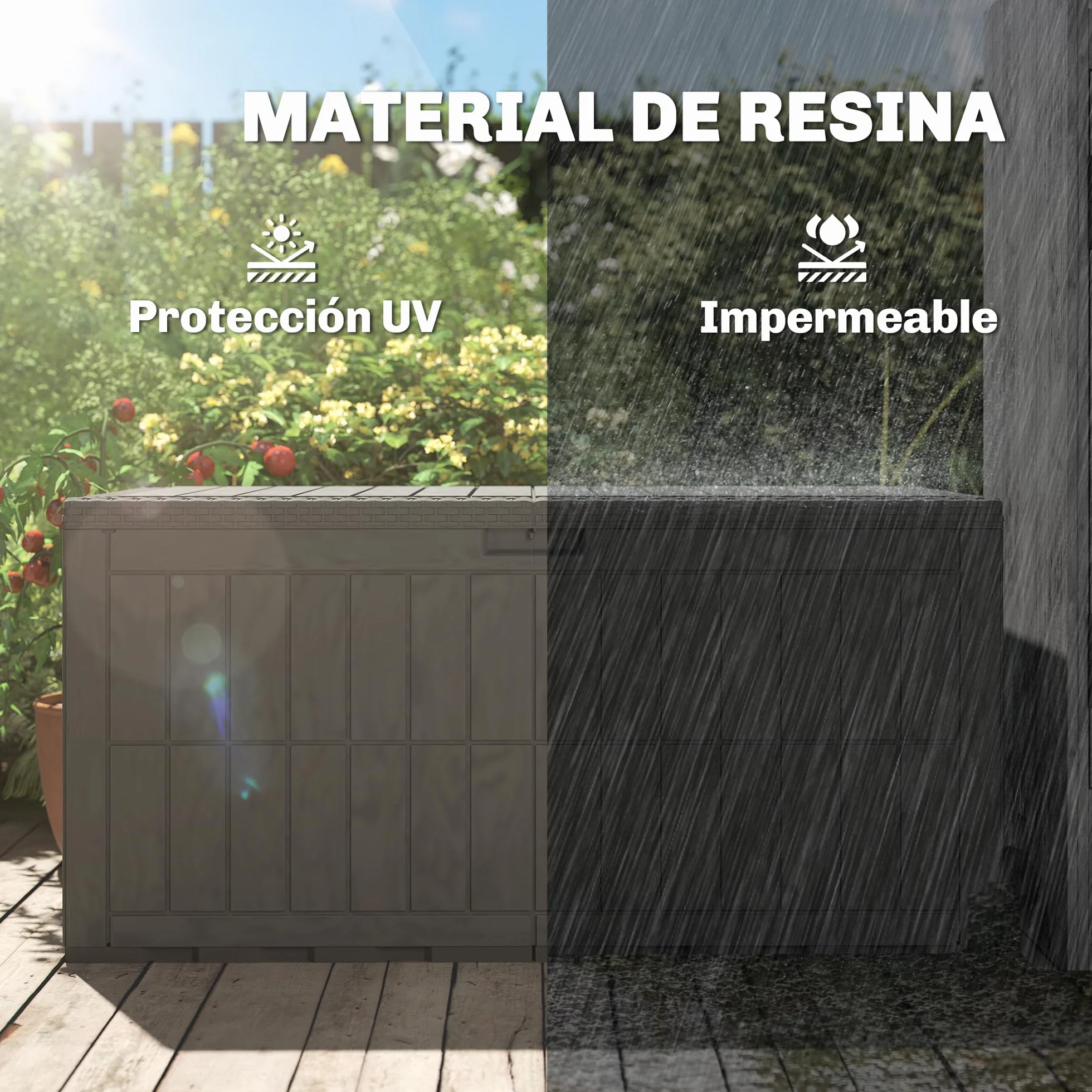 Outsunny Arcón Exterior Capacidad 440L, Baúl de Almacenaje Exterior de Resina Resistente al Agua y a los Rayos UV, con Tapa Bloqueable, Barras de Gas, Asas Laterales, para Jardín, 133x62x65 cm, Café