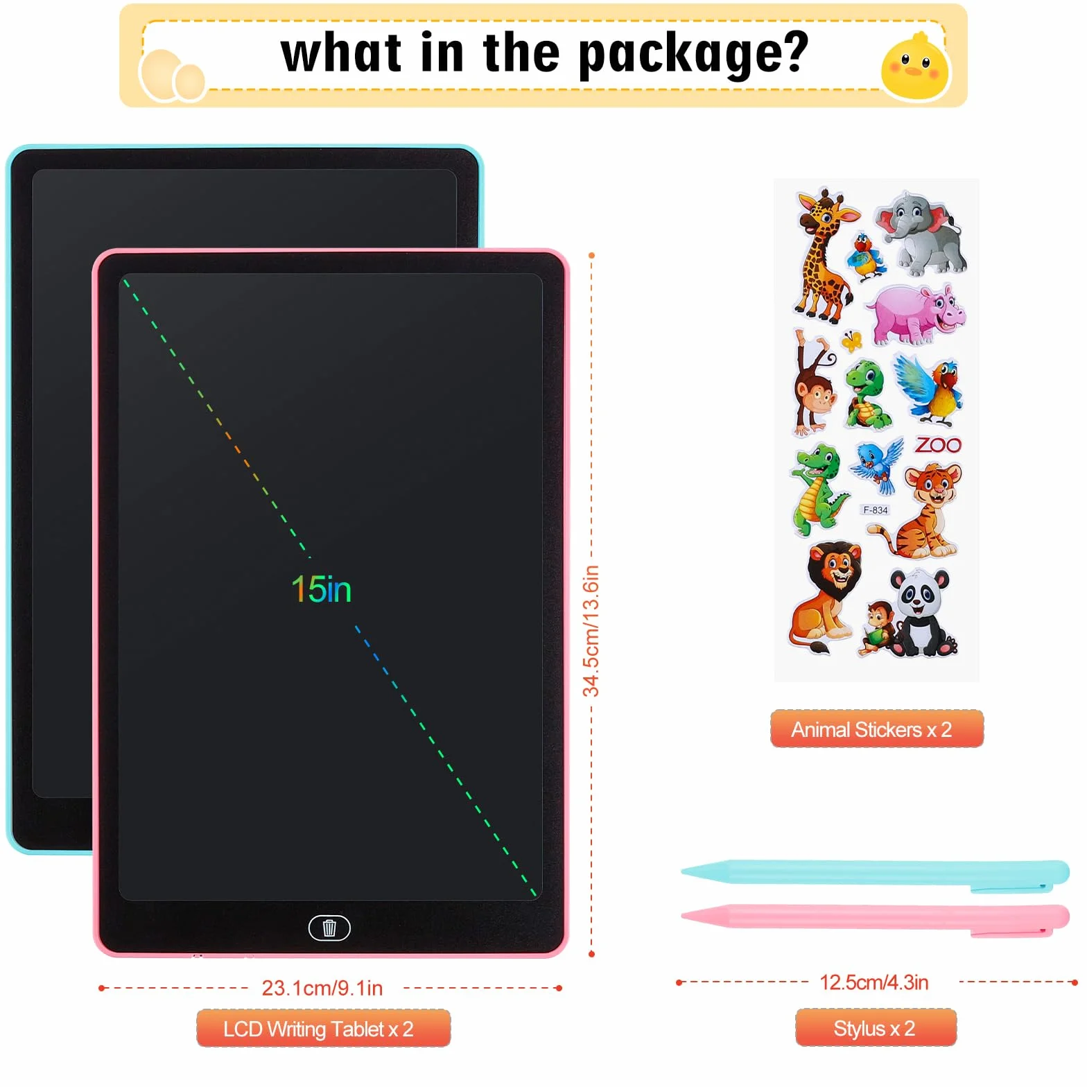Tableta de Escritura LCD 15 Pulgadas, 2 PCS, Tablero de Dibujo Electrónico con Pantalla Colorida, Cuaderno Borrable, Pegatinas de Animales, para Niños 3-6 Años, Azul + Rosa