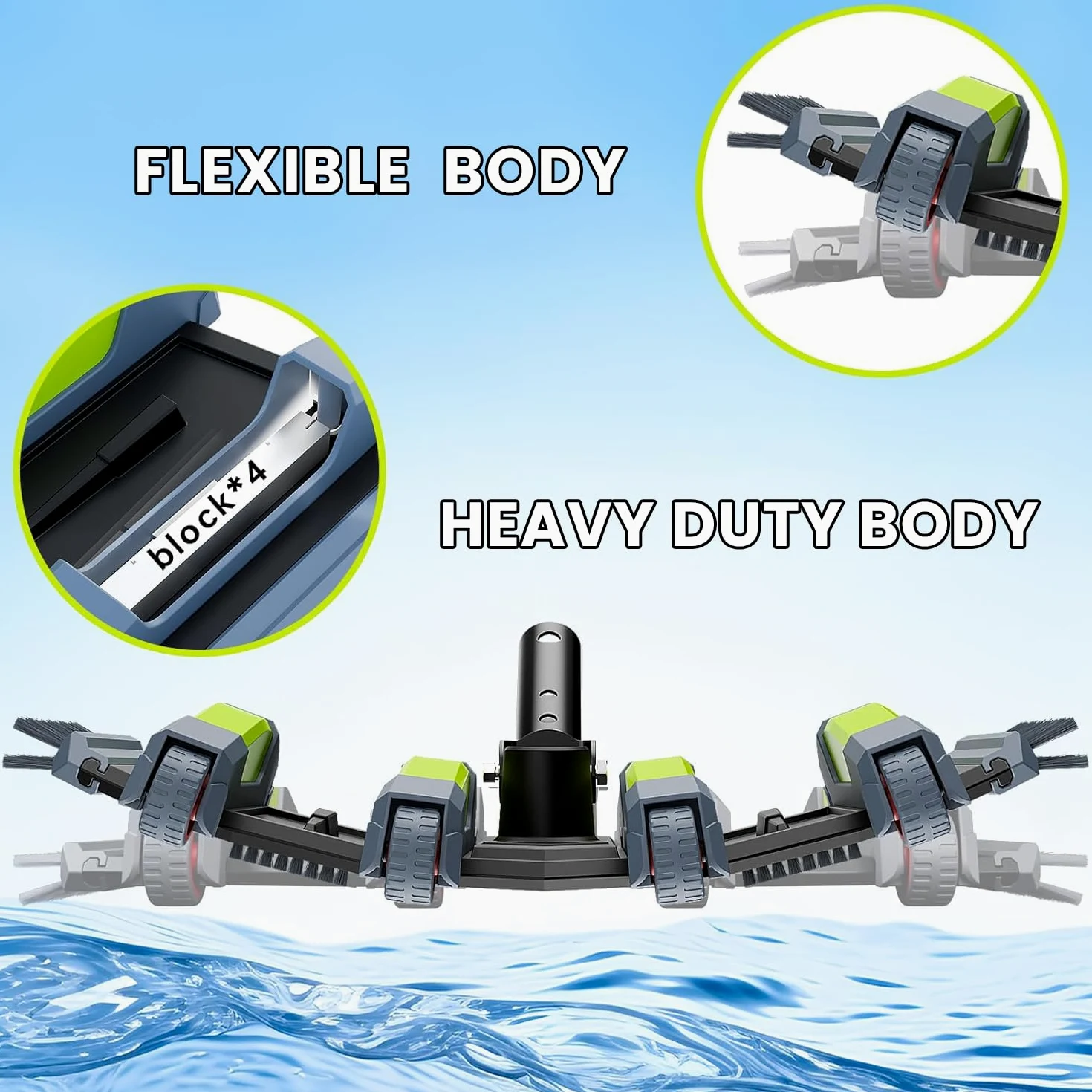 Sepetrel Cabezal de vacío de piscina resistente con ruedas y mango de aluminio, cabezal de vacío flexible con peso profesional