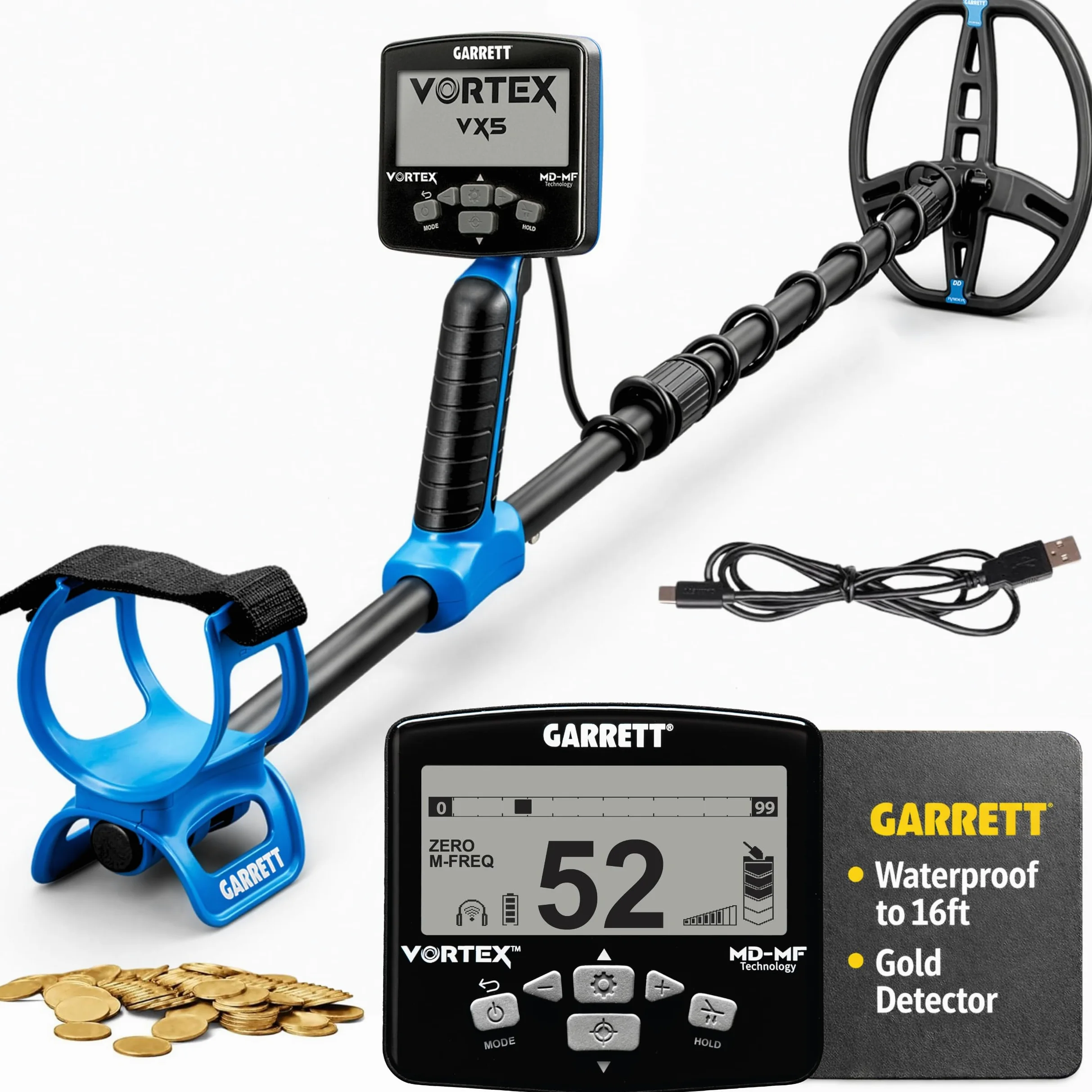 Garrett Metal Detectors Vortex VX5 - Fabricado en los Estados Unidos - Detector de metales profesional para adultos - Resistente al agua hasta 16 pies, bobina de búsqueda de 8.5 x 11 pulgadas, ligera