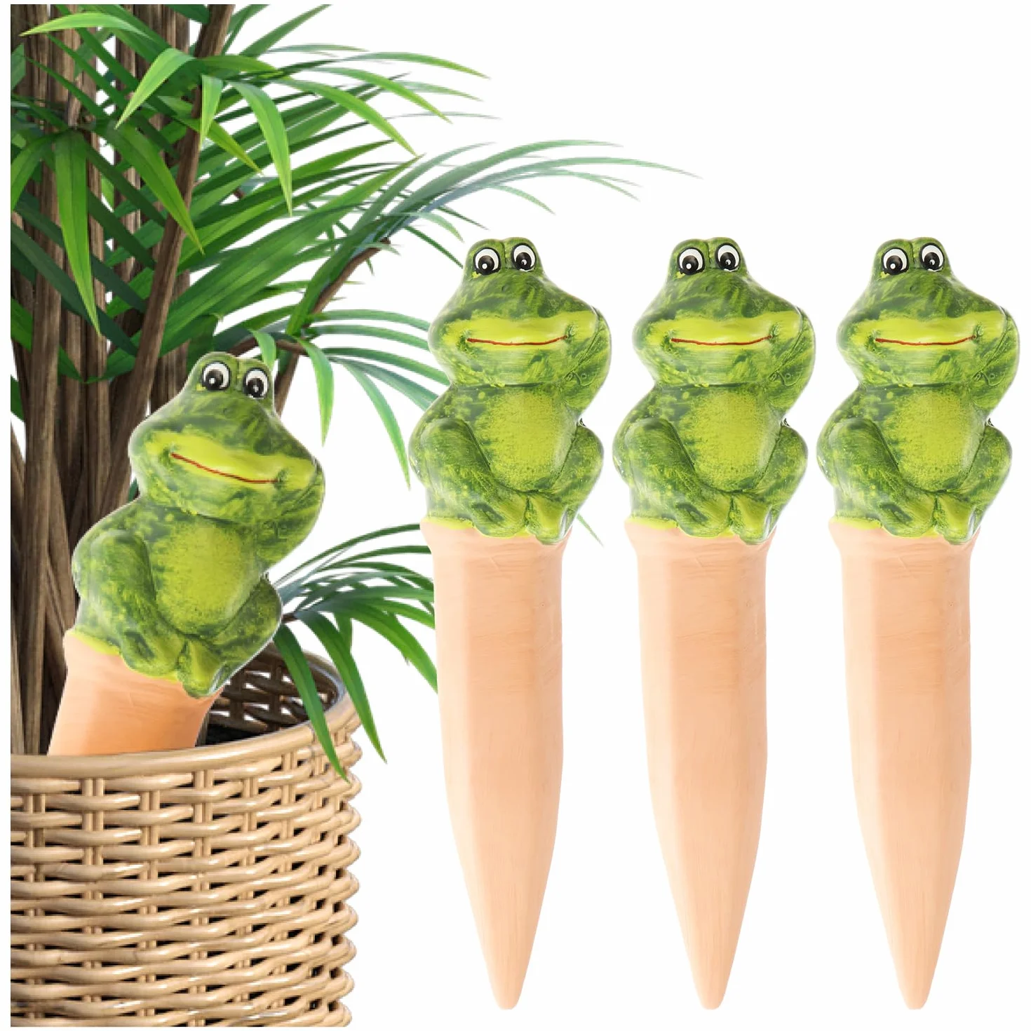COM-FOUR® 3x Riego automático para plantas - Dispensador de agua para plantas - Conos de arcilla para regar flores (03 piezas - ranas)