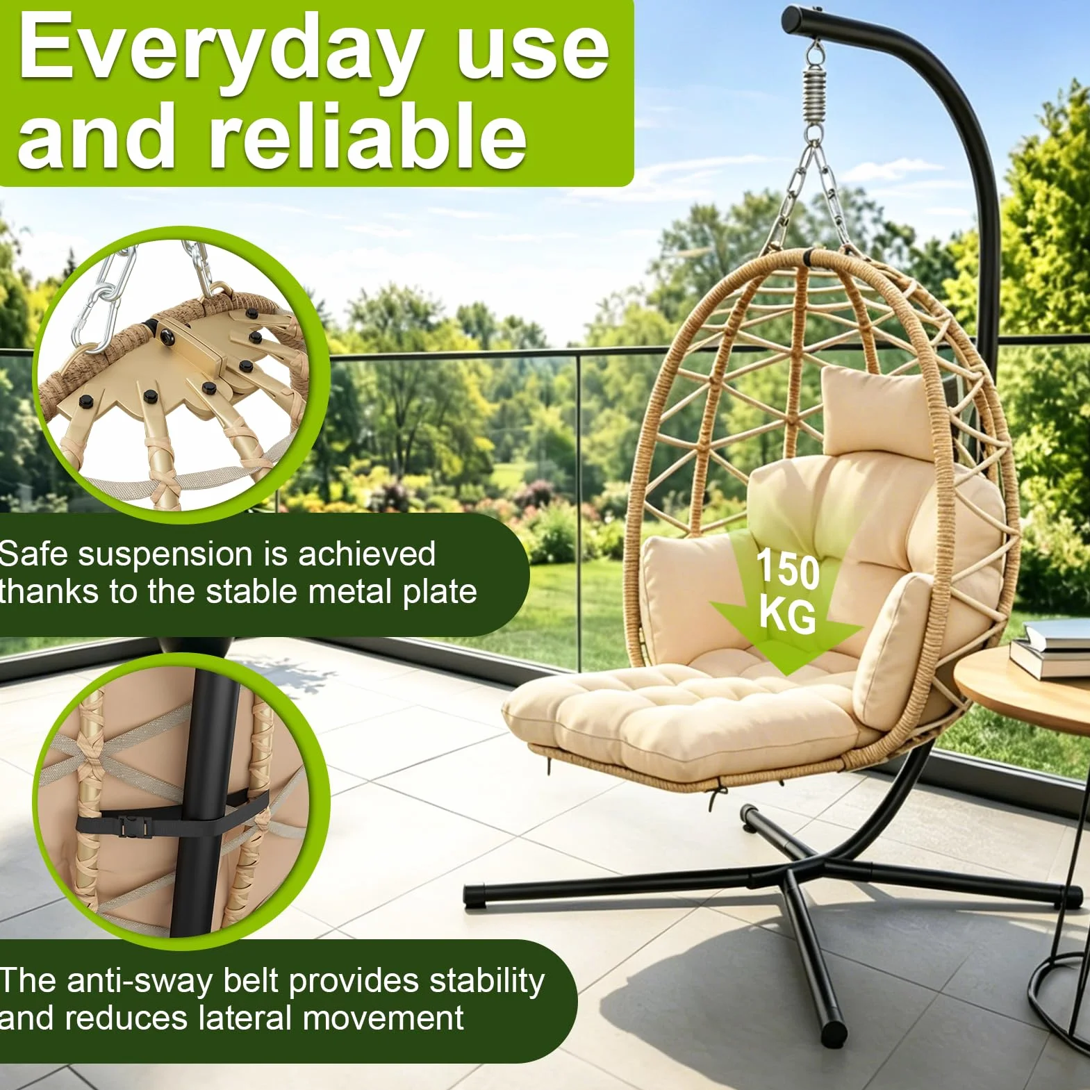 Silla Colgante con Estructura, Silla Colgante Huevo con Reposapiés, Desmontable Cojines Gruesos, Sillon Colgante para Interior & Exterior, Egg Chair Jardín, Balcón, Terraza, Hasta 150 kg - Beige