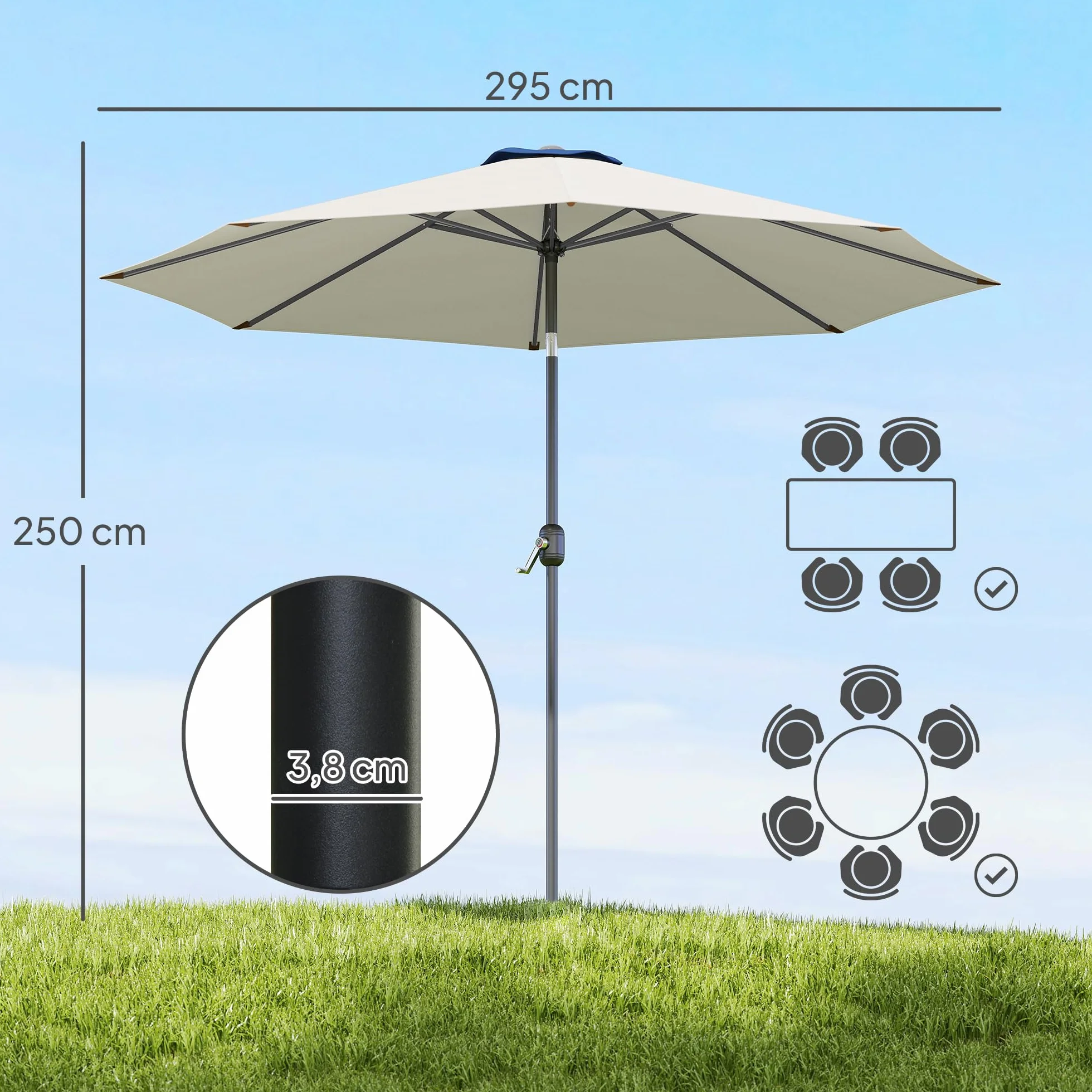 Outsunny Sombrilla de Jardín Ø300x250 cm con Manivela Parasol Exterior con Mecanismo de Inclinación y Poste Desmontable de Metal para Terraza Piscina Patio