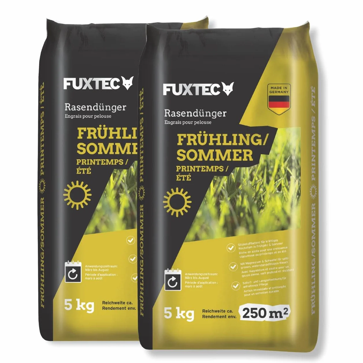 FUXTEC Abono césped primavera verano FX-RDFS10 • 10 kg hasta 250 m² • Favorece crecimiento denso y verde intenso • Liberación controlada • Ideal para mantenimiento estacional