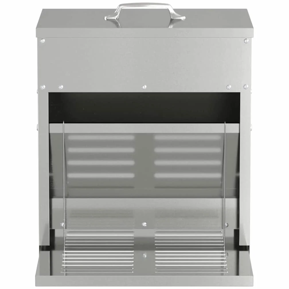Comedero para patadas de pollo plateado de acero galvanizado, 33 x 42 x 40 cm, capacidad de 10 kg, resistente a la intemperie y al agua, para interiores y exteriores, comedero automático con