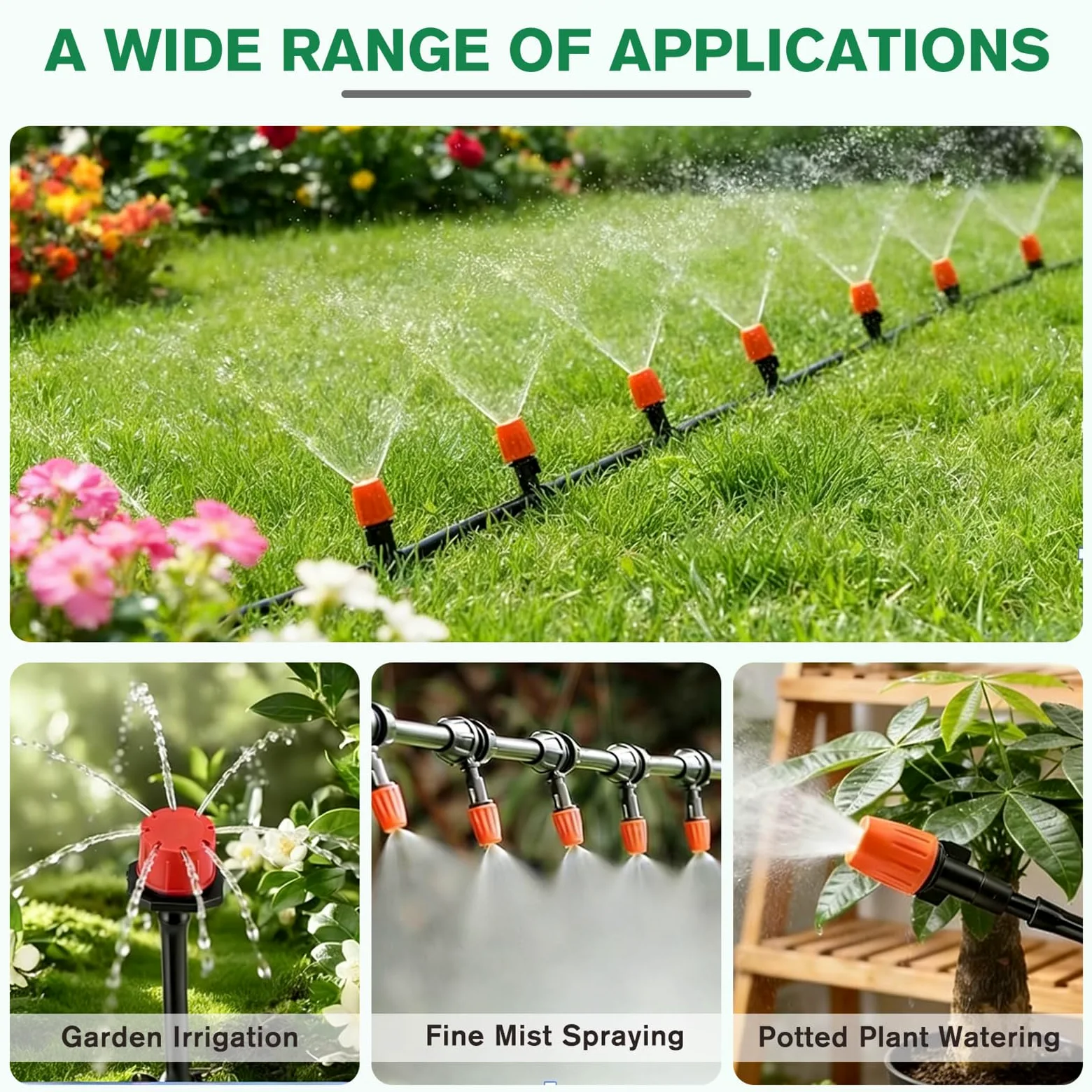 Sistema de riego Jardín 340 PCS Sistema de Riego por Goteo, 55 m + 15 m Kit Riego con Ajustable Boquilla Aspersor Pulverizador y Gotero Automatico para Jardin Invernadero Césped Patio Terraza