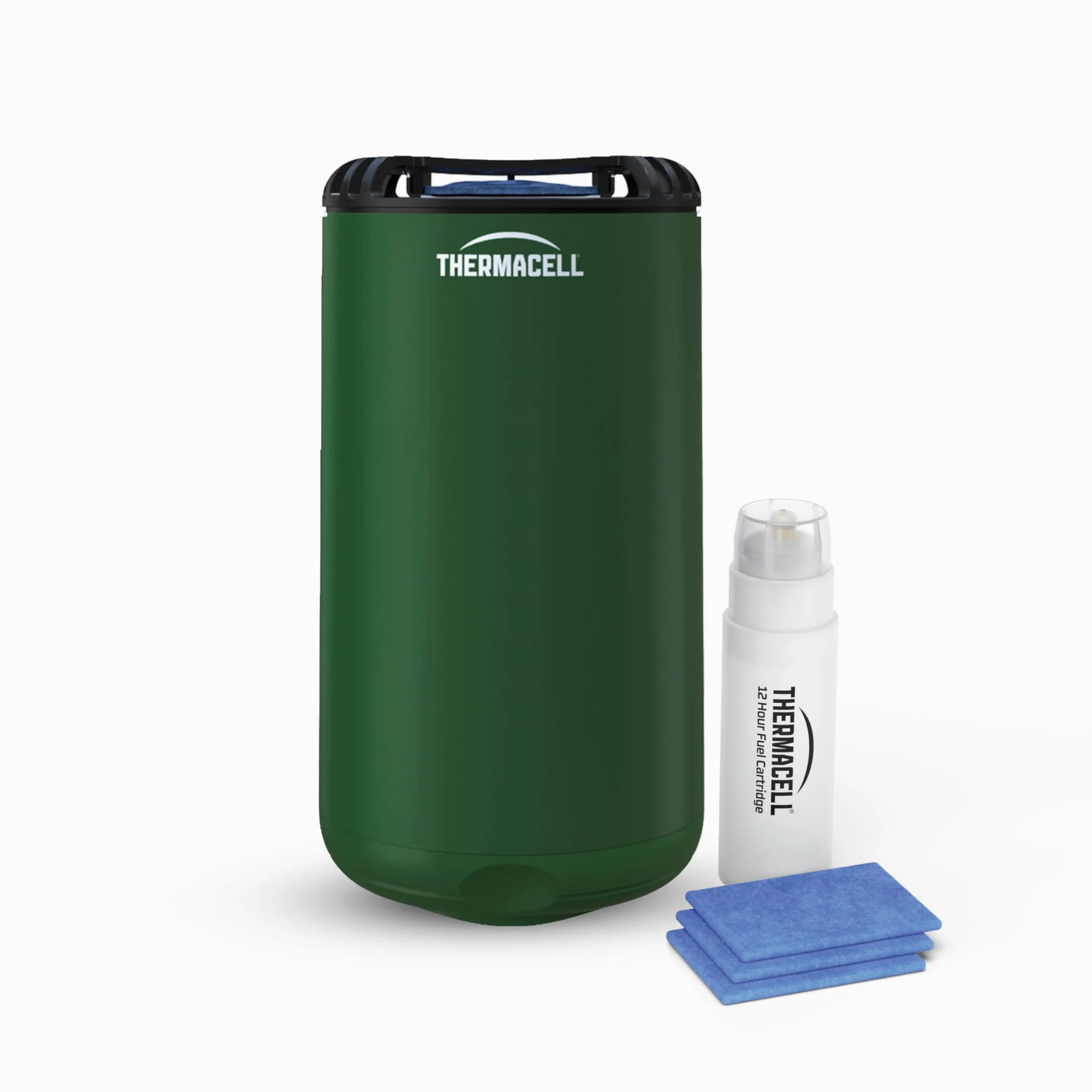Thermacell Repelente antimosquitos Mini Halo para exterior, jardín y patio, protección eficaz 21 m², inodoro, incluye 12 horas de protección, 1 cartucho + 3 placas, verde bosque