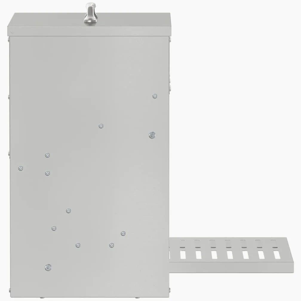 Comedero para patadas de pollo plateado de acero galvanizado, 33 x 42 x 40 cm, capacidad de 10 kg, resistente a la intemperie y al agua, para interiores y exteriores, comedero automático con