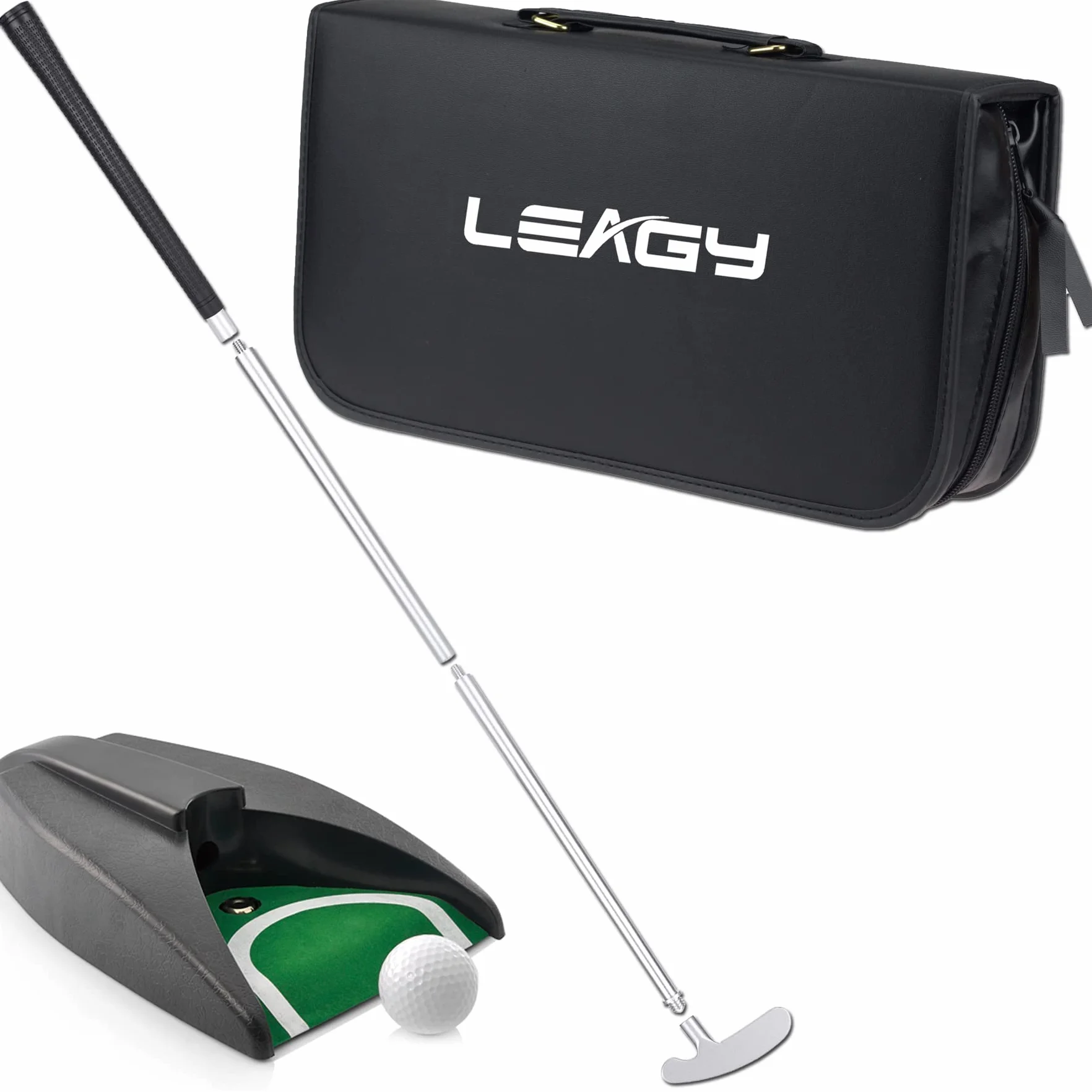LEAGY Putter Portátil de Golf de Práctica de Viaje con Sistema de Retorno de Bola, Set de Putter con Estuche