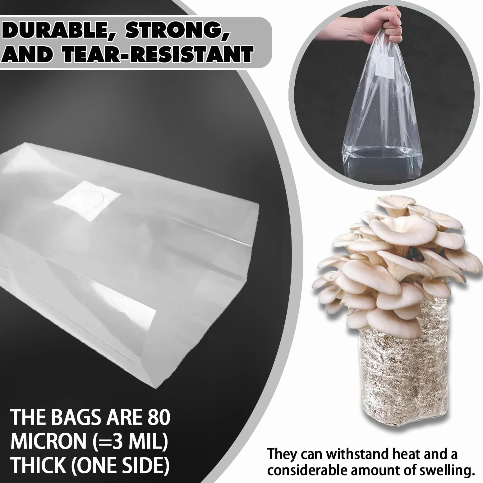 TonGass Paquete de 100 bolsas de cultivo de hongos autoclavables a granel con parches de filtro microporosos, grandes de 8 x 5 x 20 pulgadas, extra gruesas, 80 micras (= 3 mil) | Bolsa de sustrato a