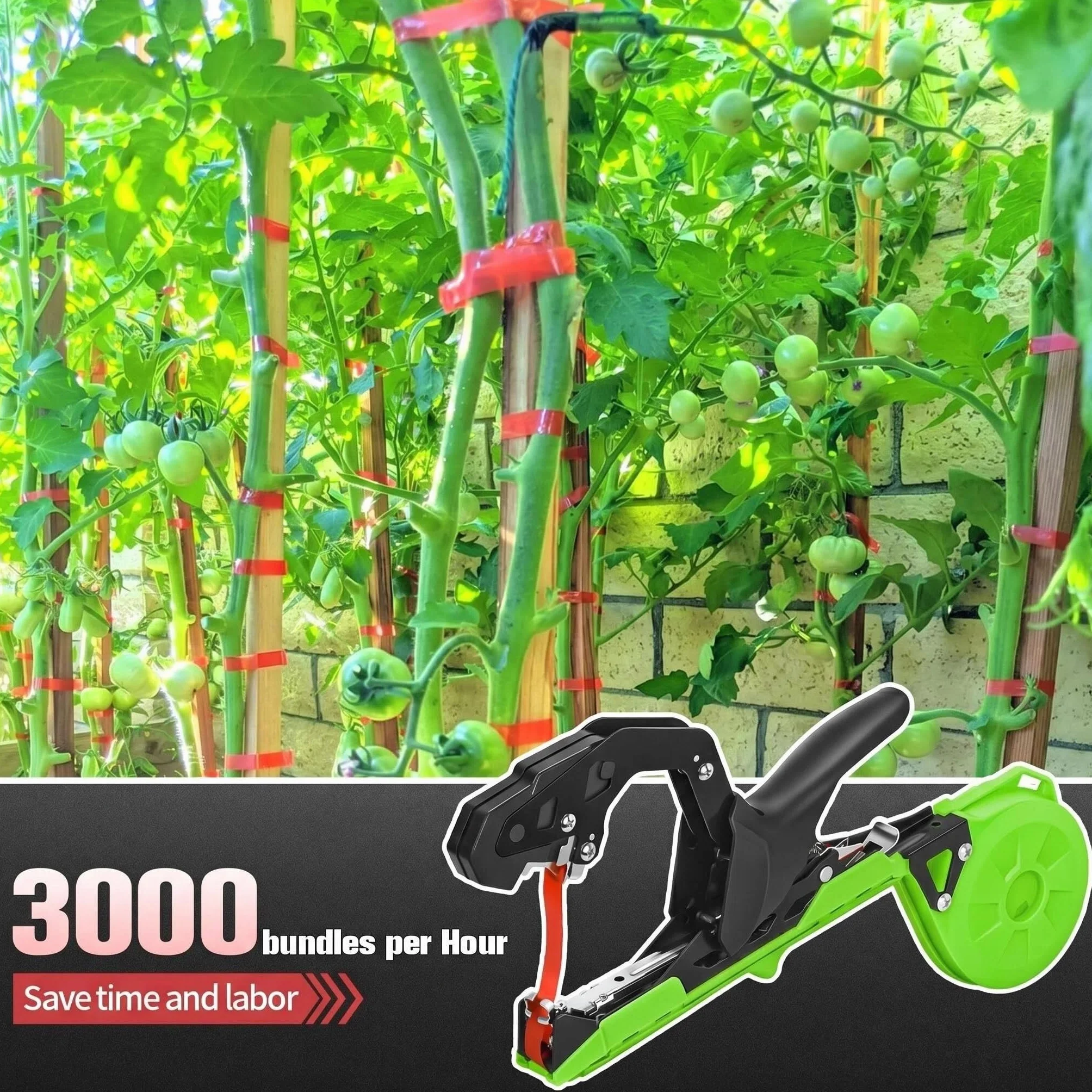 Atadora de Plantas Profesional, Máquina para Atar Tomates, Viñas, Uvas, Pepinos y Flores – Herramienta de Cinta Rápida y Eficiente con Grapas y Cintas Incluidas, Verde/Negro