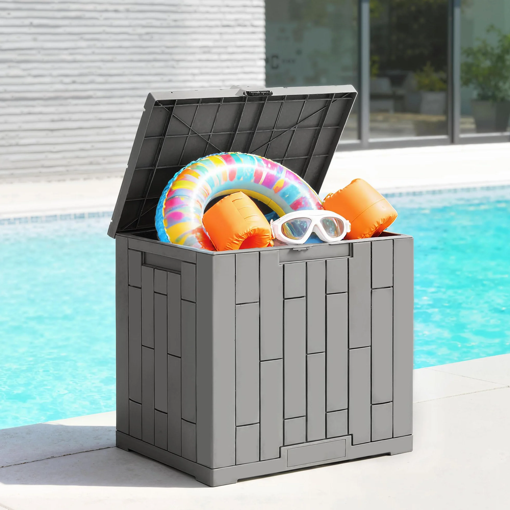 Outsunny Arcón Exterior Capacidad 114L, Baúl de Almacenaje Exterior de Resina Resistente al Agua y a los Rayos UV, con Cerradura para Jardín, Terraza, Patio, 56x44x54 cm, Gris