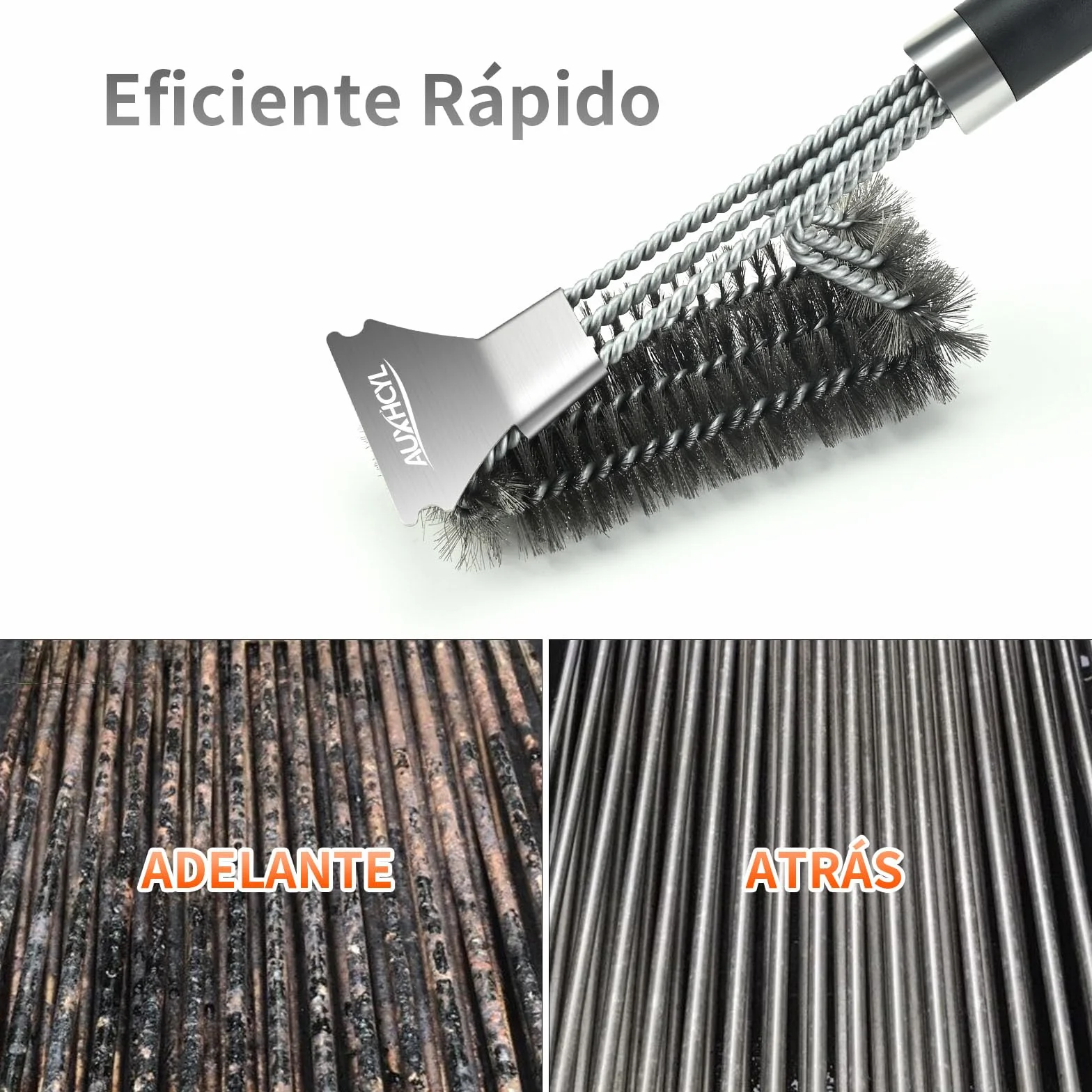AUXHCYL Cepillo Barbacoa Inoxidable, 3-in-1 Cepillo para Parrilla con Raspador, 45.5cm Largo PP Aislamiento Térmico Mango Cepillo Barbacoa de Limpieza para Parrilla de Gas y Parrilla de Carbón