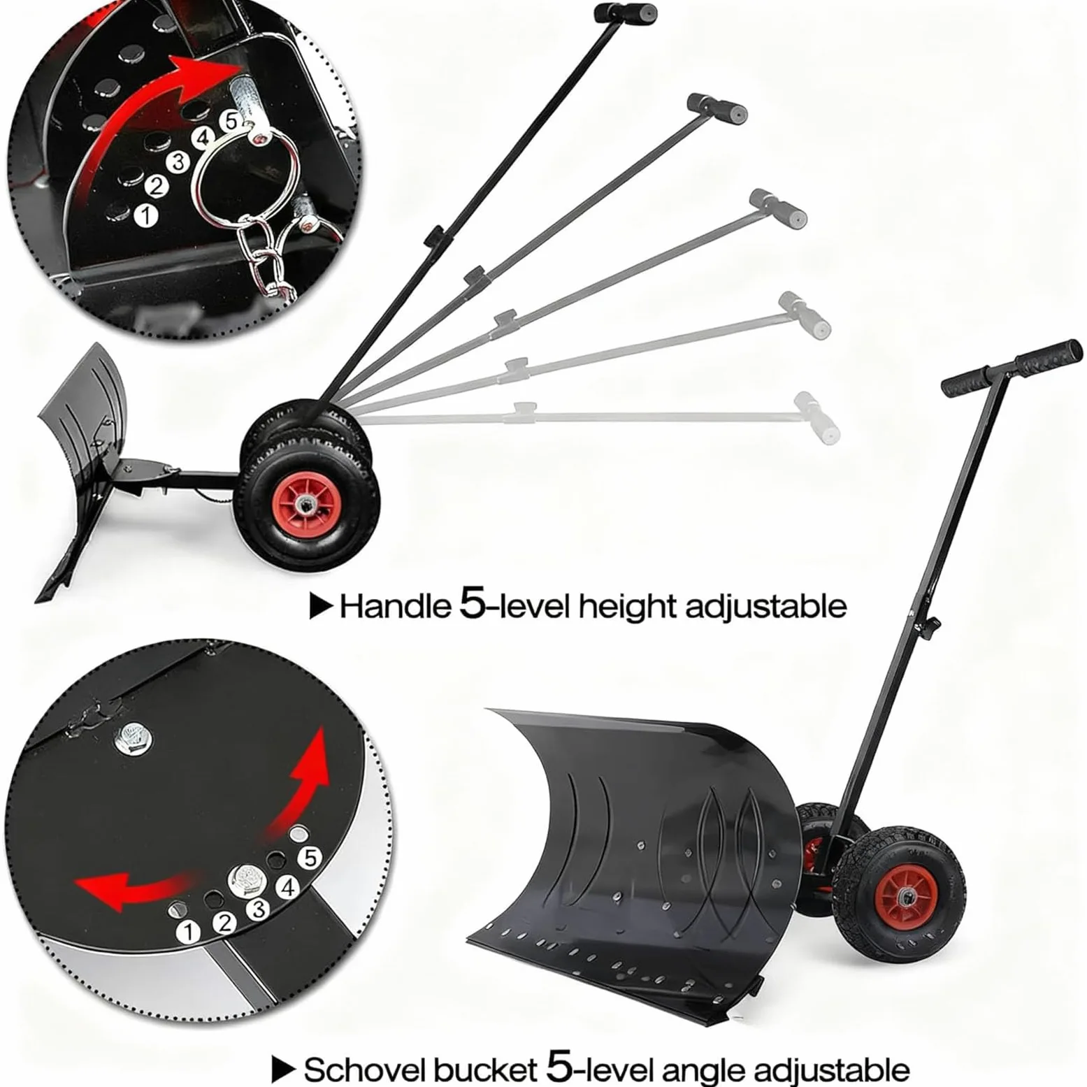 Pala de nieve manual con hoja extra ancha de 74 cm, altura ajustable en 5 posiciones, ideal para remoción de nieve en calzadas, pavimentos, jardines y césped
