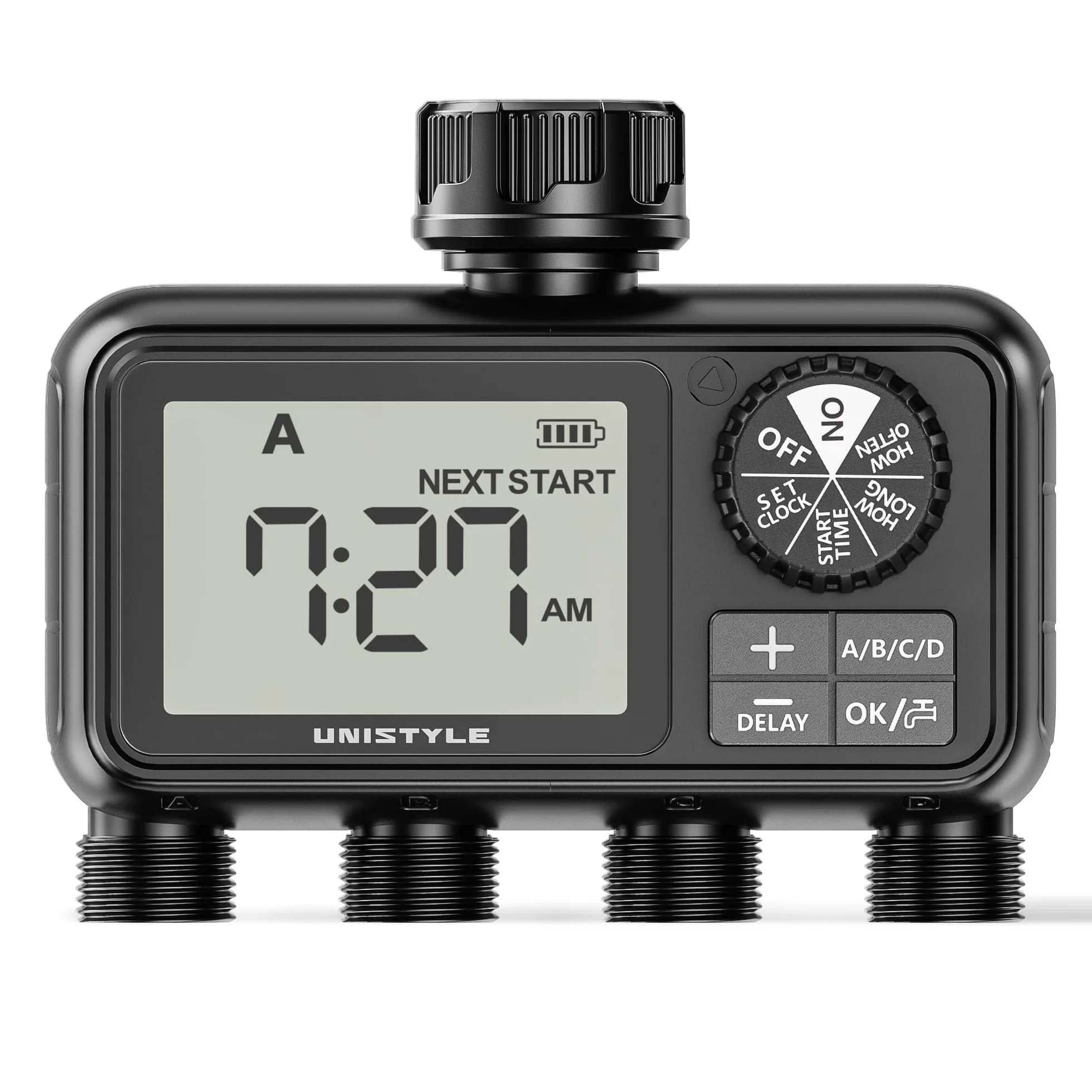 Unistyle Ordenador de riego de 4 salidas, reloj de riego automático, aspersor de césped, control de riego, sistema de riego para riego de jardín, temporizador de agua, riego de jardín