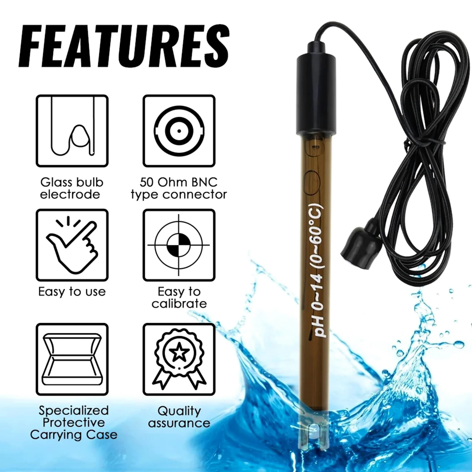 Sonda de pH for piscinas con conector BNC de 50 ohmios, cable de 200 cm, for hidroponía y acuarios. Incluye sonda for medir el pH del agua.