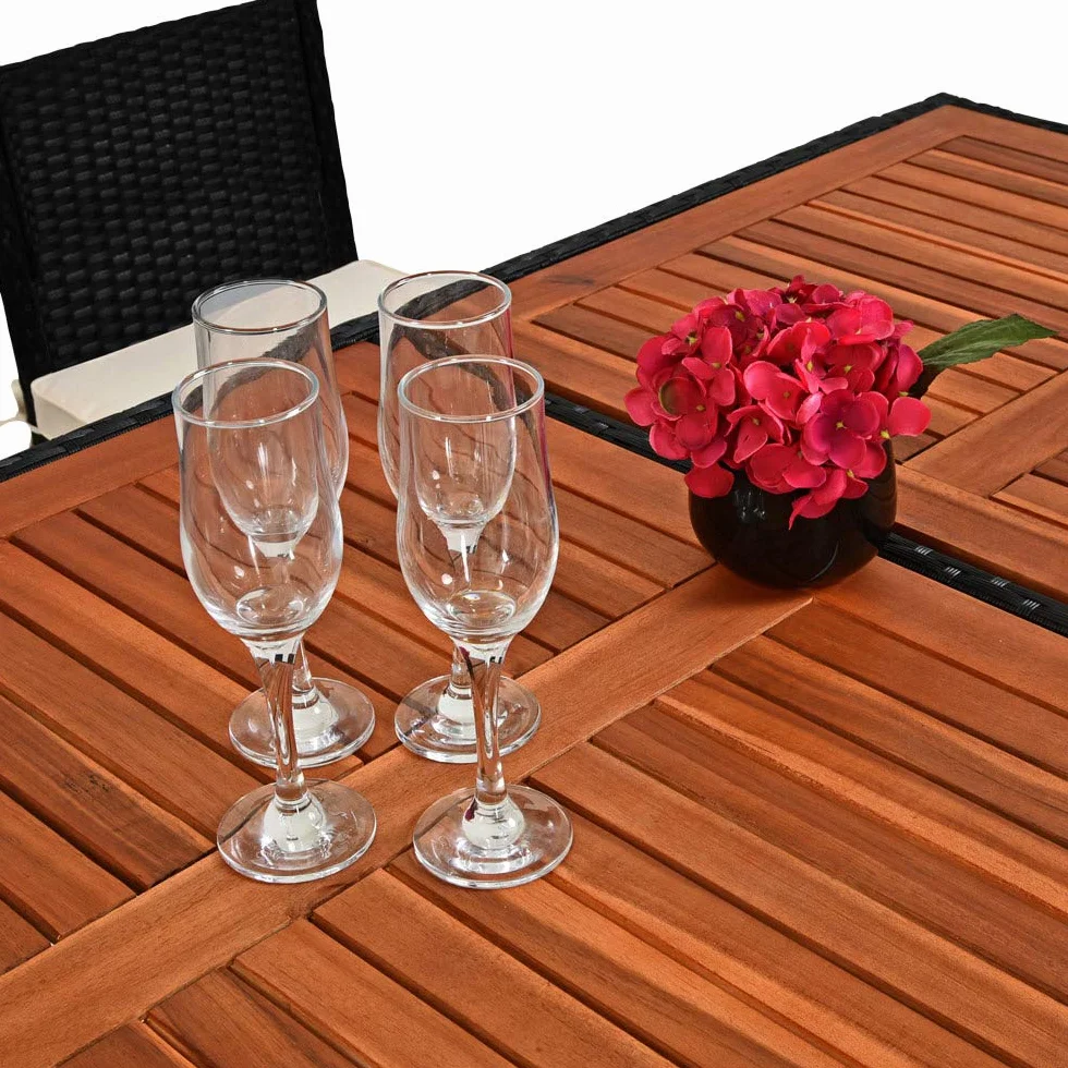 CASARIA Set de Mesa Alta y 6 Taburetes de Bar con Cojines de Asiento de Madera de Acacia Poliratán Negro Muebles de jardín