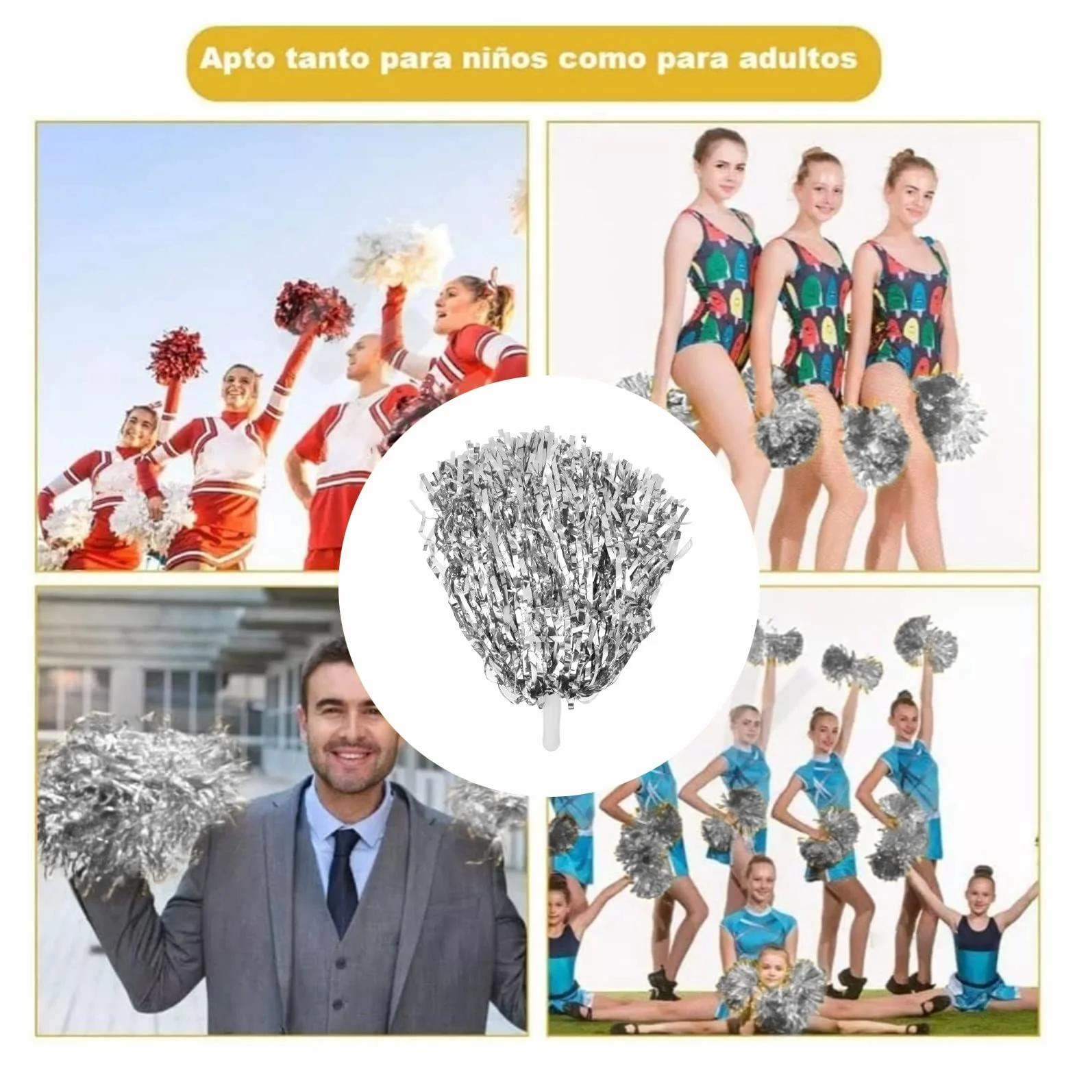 Wisecoco Pompones de Animadora, Lámina Metálica 3,3 Pulgadas con Asas, Plateado