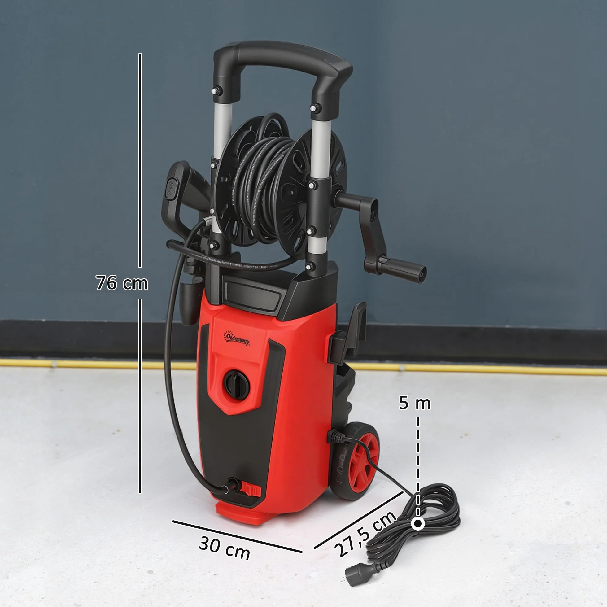 Outsunny Hidrolimpiadora de Alta Presión 1800W, Presión 150 Bar, Caudal 420 L/h, con Bomba de Aluminio, Parada Automática, Manguera de 6 m, Incluye Botella de Espuma y Boquilla Ajustable, Rojo y Negro
