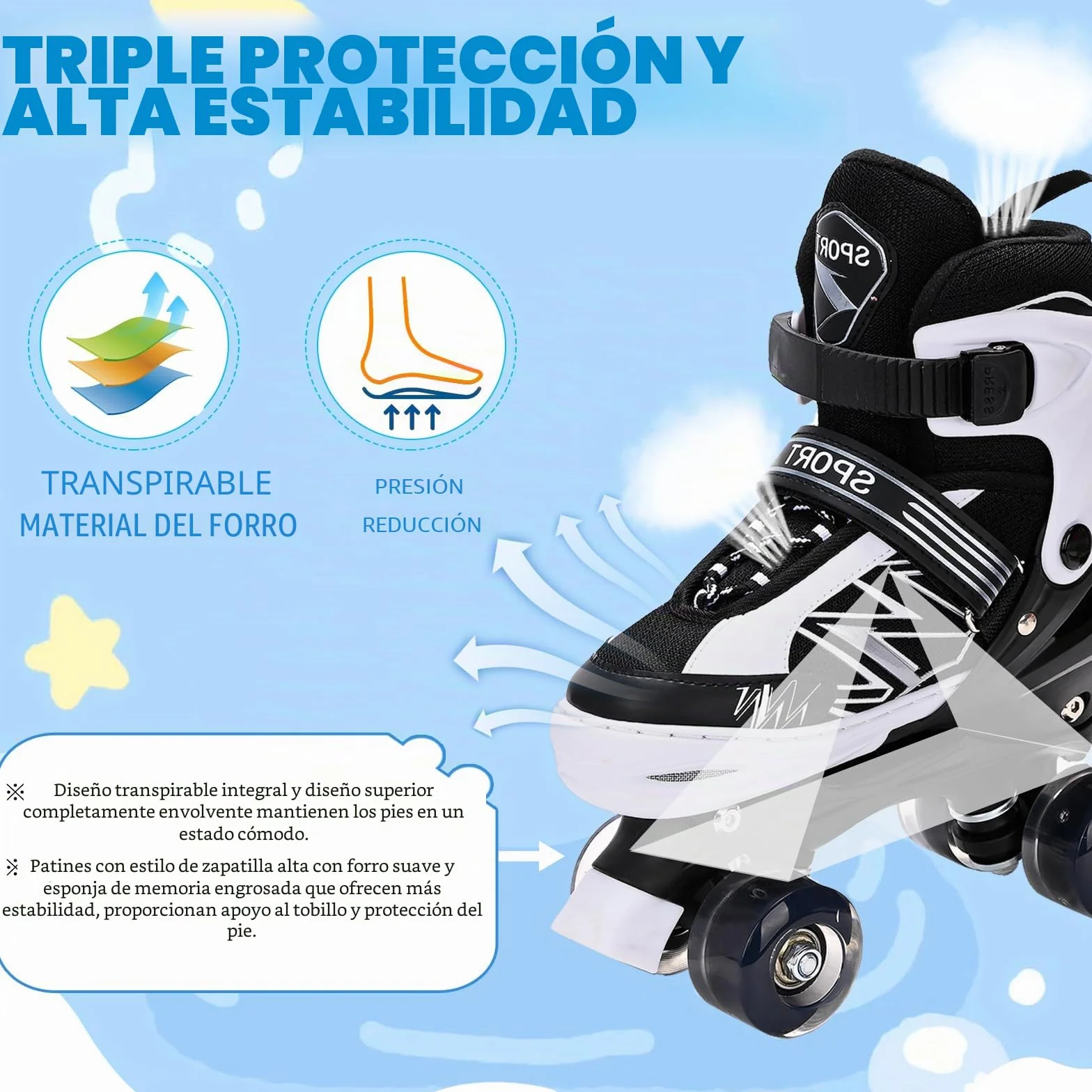 Patines Ajustables 4 Tamaños con Ruedas Iluminadas para Niños y Principiantes Violeta y Blanco