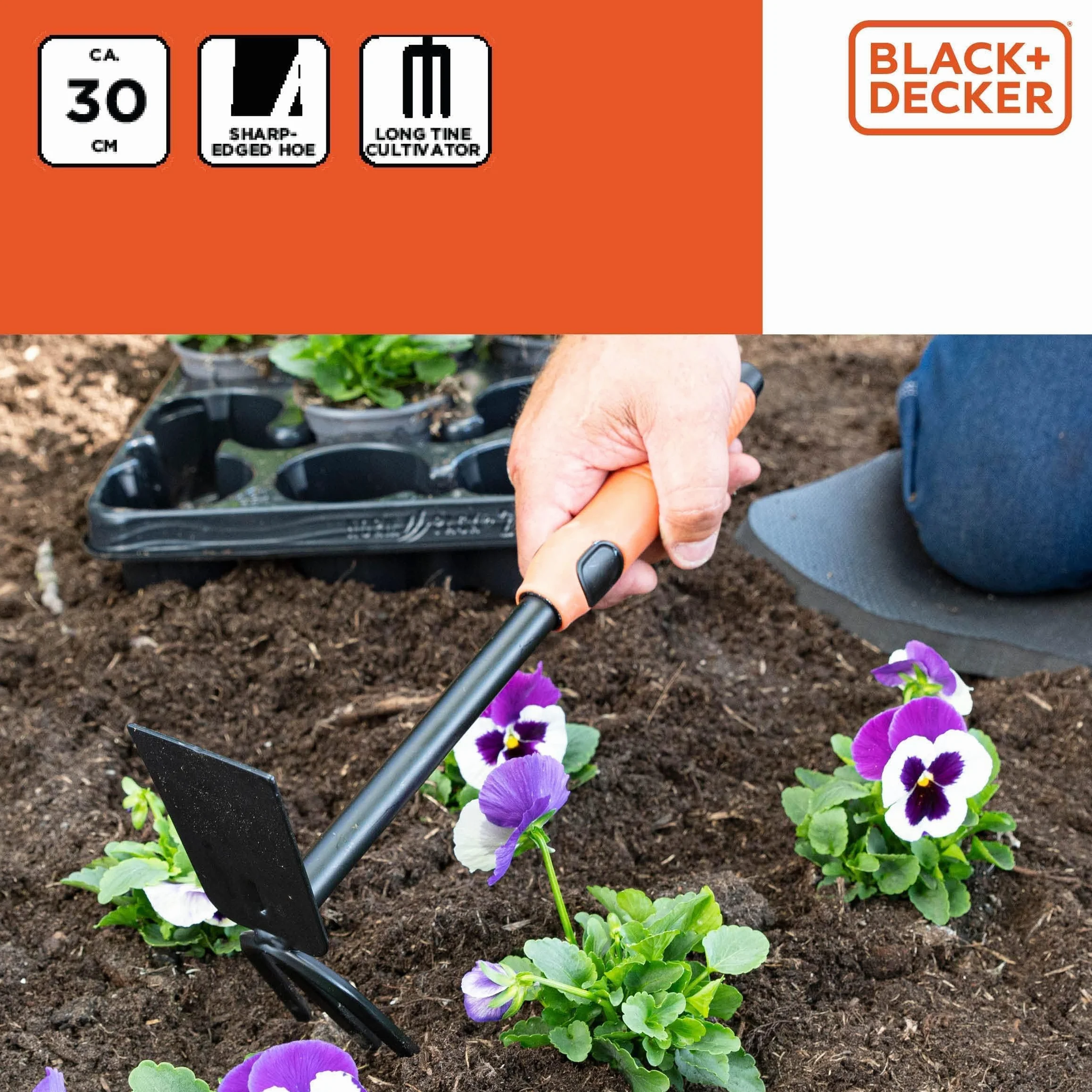 Black+Decker Doble azada – 3 Dientes y talón – 30 cm – Mango ergonómico – Negro/Naranja