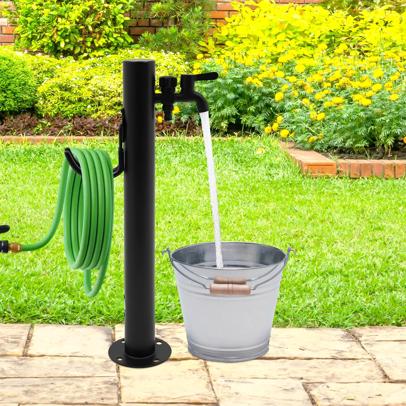 Columna de agua de acero inoxidable de 60 cm, grifo exterior resistente a las heladas, robusto grifo montado en el suelo para jardín, camping y fuente (redondo)